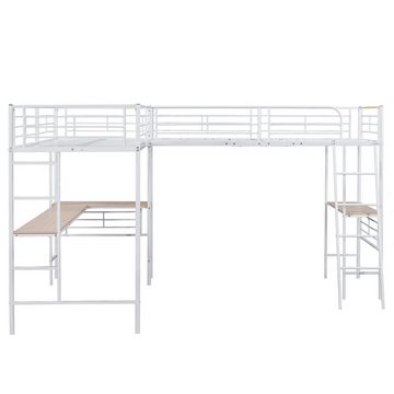 OKWISH Hochbett Metallbett, zwei Etagenbetten (Tisch unter dem Bett, Doppeltreppe, hohes Geländer 90x200cm) ohne Matratze