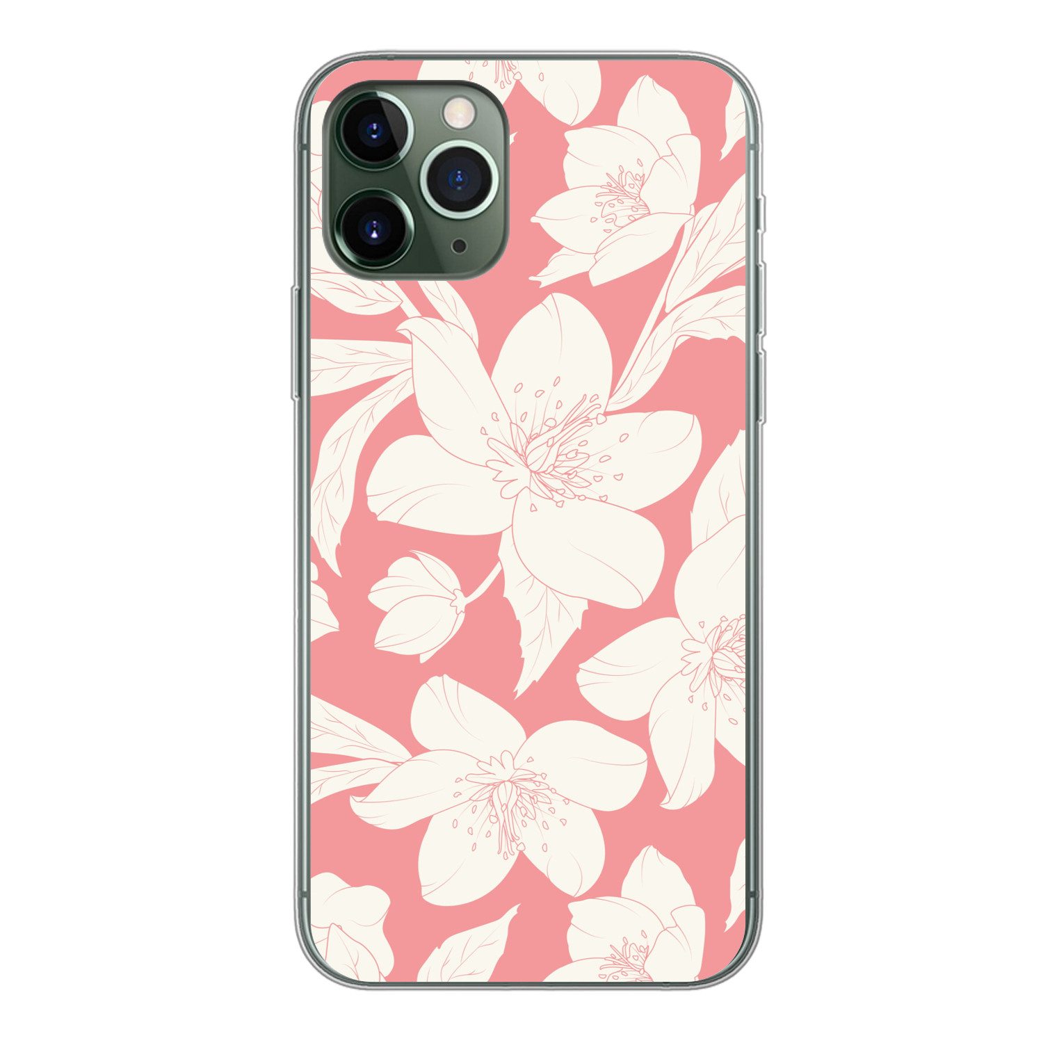 MuchoWow Handyhülle für Apple iPhone 11 Pro Blumen - Muster - Rosa - Weiß, Smartphone-Bumper, Print, Handy Schutzhülle Dünn