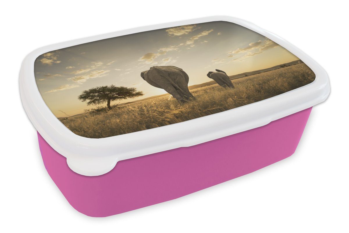 MuchoWow Lunchbox Elefant - Safari - Sonnenuntergang, Kunststoff, (2-tlg), Brotbox für Erwachsene, Brotdose Kinder, Snackbox, Mädchen, Kunststoff rosa