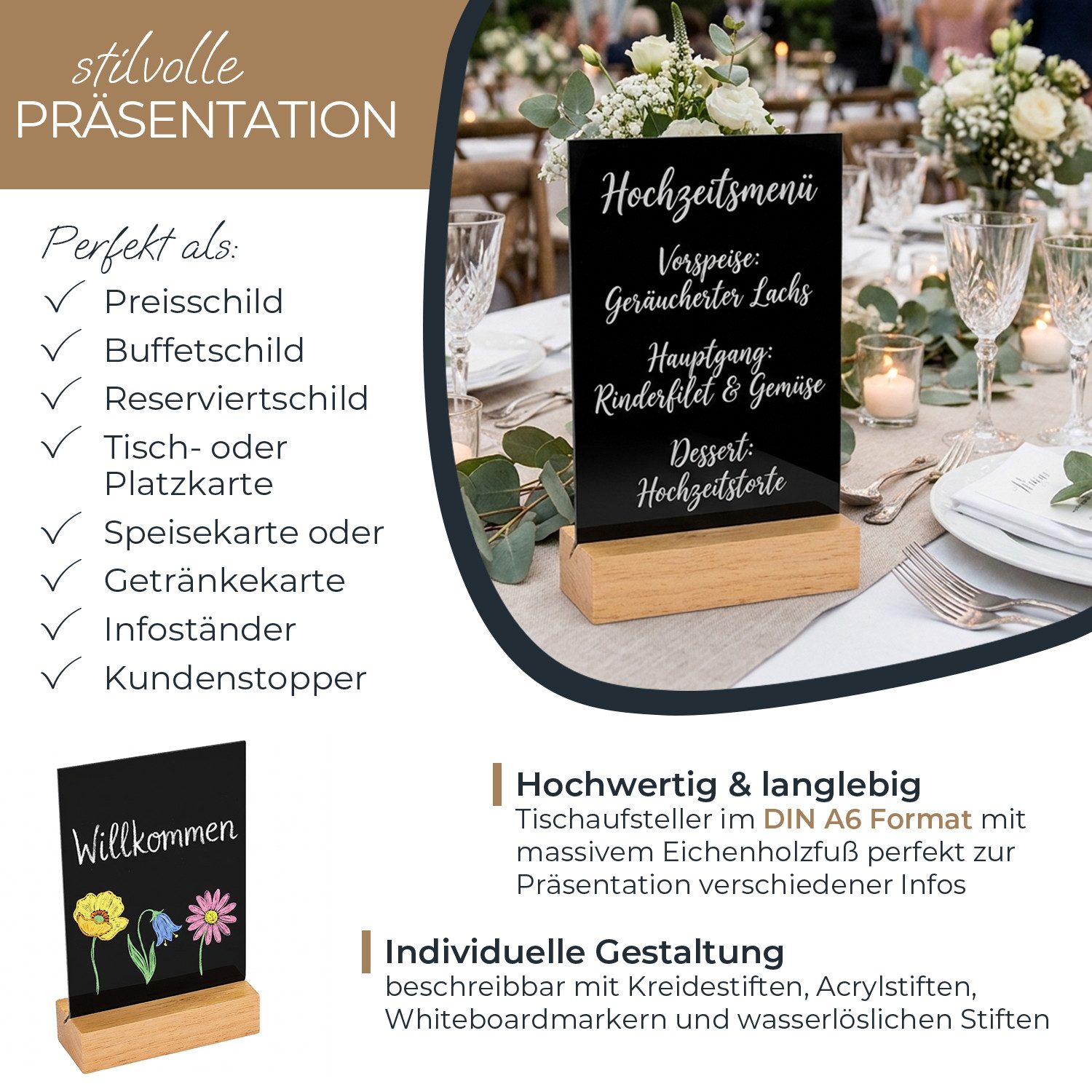 HMF Standtafel Acryl Tischaufsteller im DIN A6 Hochformat mit massivem Holzfuß, (1-tlg), aus Eiche, abwischbare Tafel zum Beschriften, T-Aufsteller, Schwarz