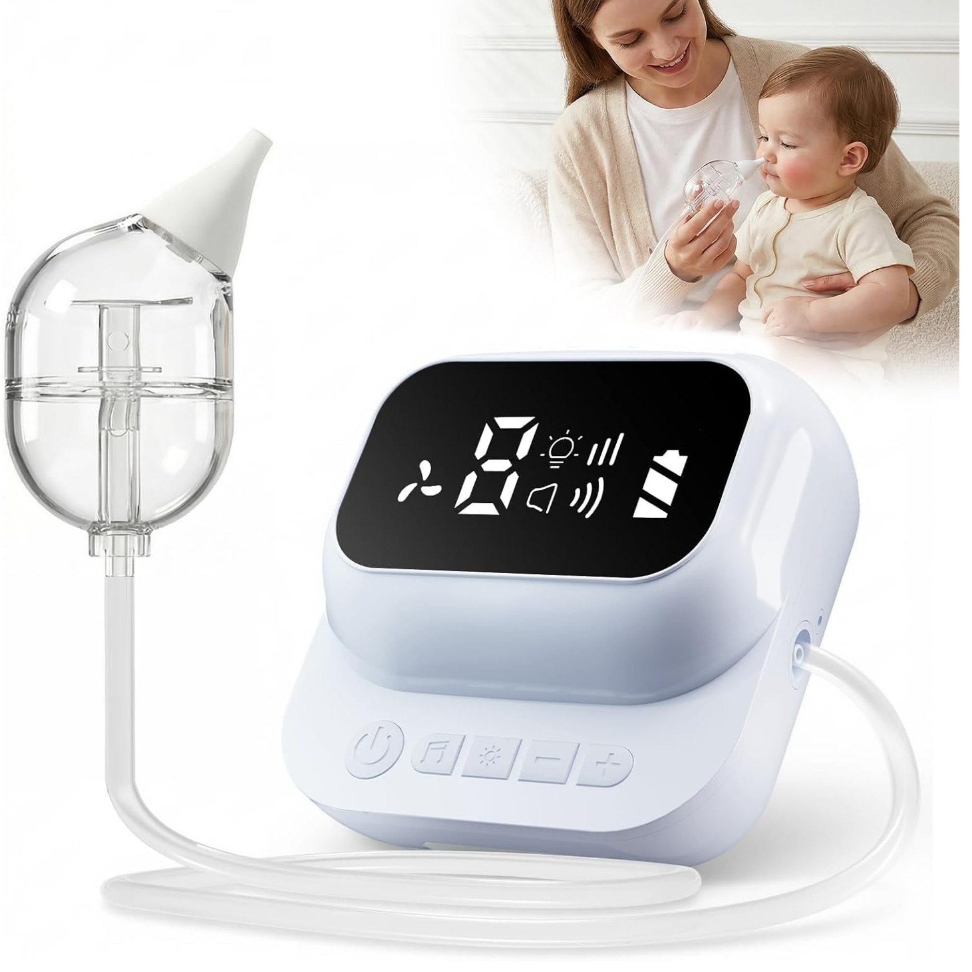 Vivitar Nasensauger mit flexiblem Schlauch, für Neugeborene & Babys, USB wiederaufladbar, LCD Display, einstellbare Saugstufen, sanftes Licht, optionale Musik, weiche Silikonaufsätze, leiser Baby Nasensauger bei verstopfter Nase, Nasenschleim Absauger, tragbar für Zuhause, unterwegs