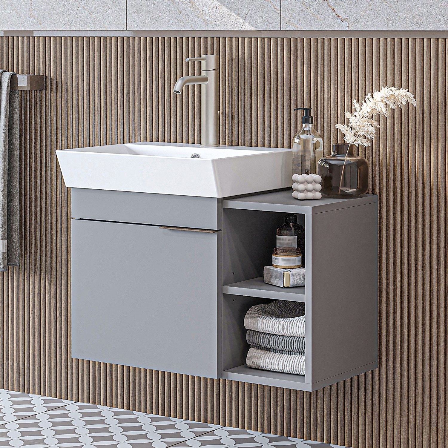 Roomart Waschbeckenunterschrank LYCIA 72 cm hängend, offenes Regal, Keramikbecken inkl., 4 Farben (Set) Soft-Close, offene Regalsektion, 32 cm tief, Wandmontage, Waschbecken