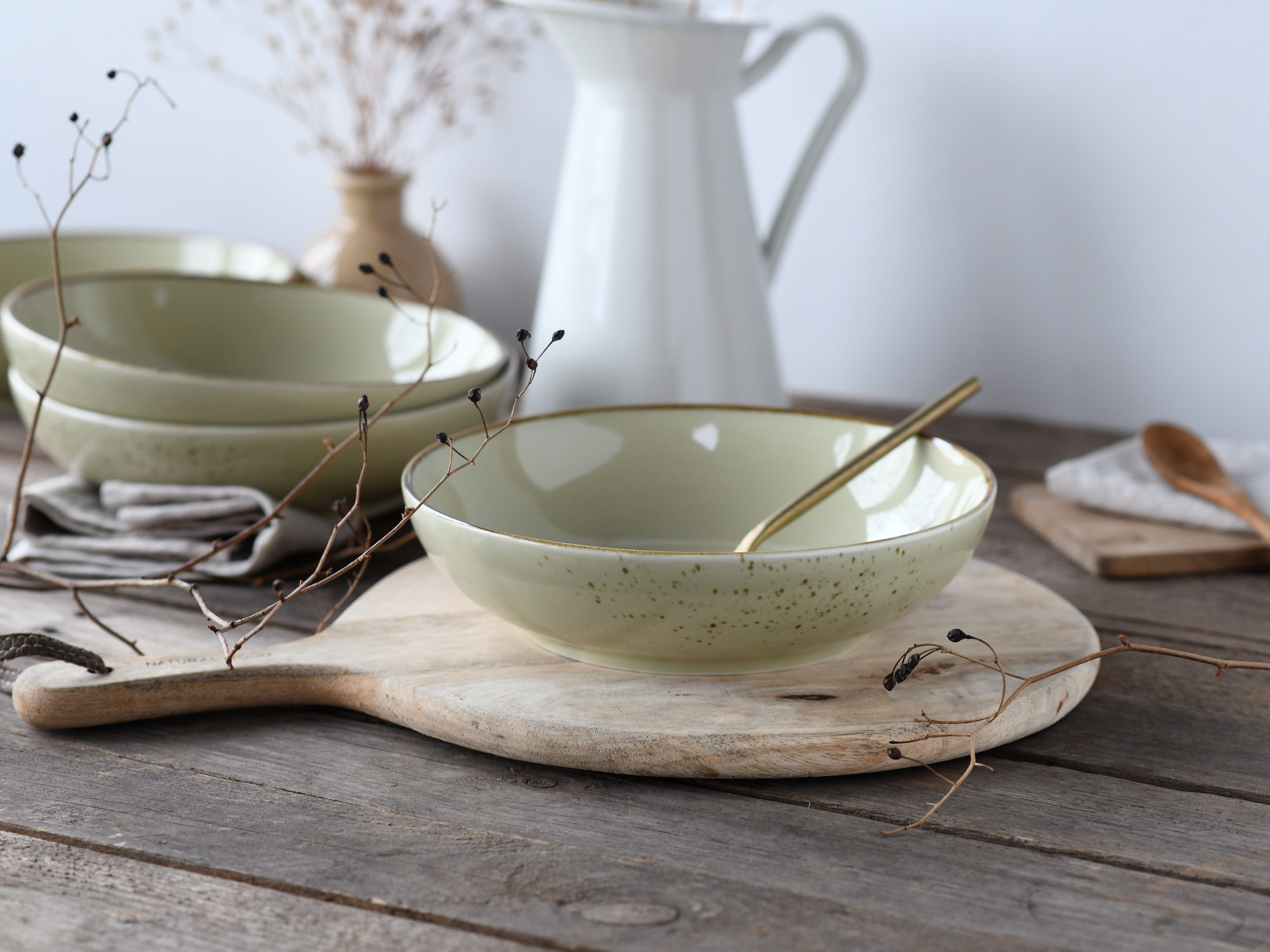 CreaTable Schale Nature Collection, Poke Bowl, Ø 22,5 cm, 4-tlg, Steinzeug, (Set, 4-tlg), Handwerklicher Look, Vintage, Höhe 5 cm