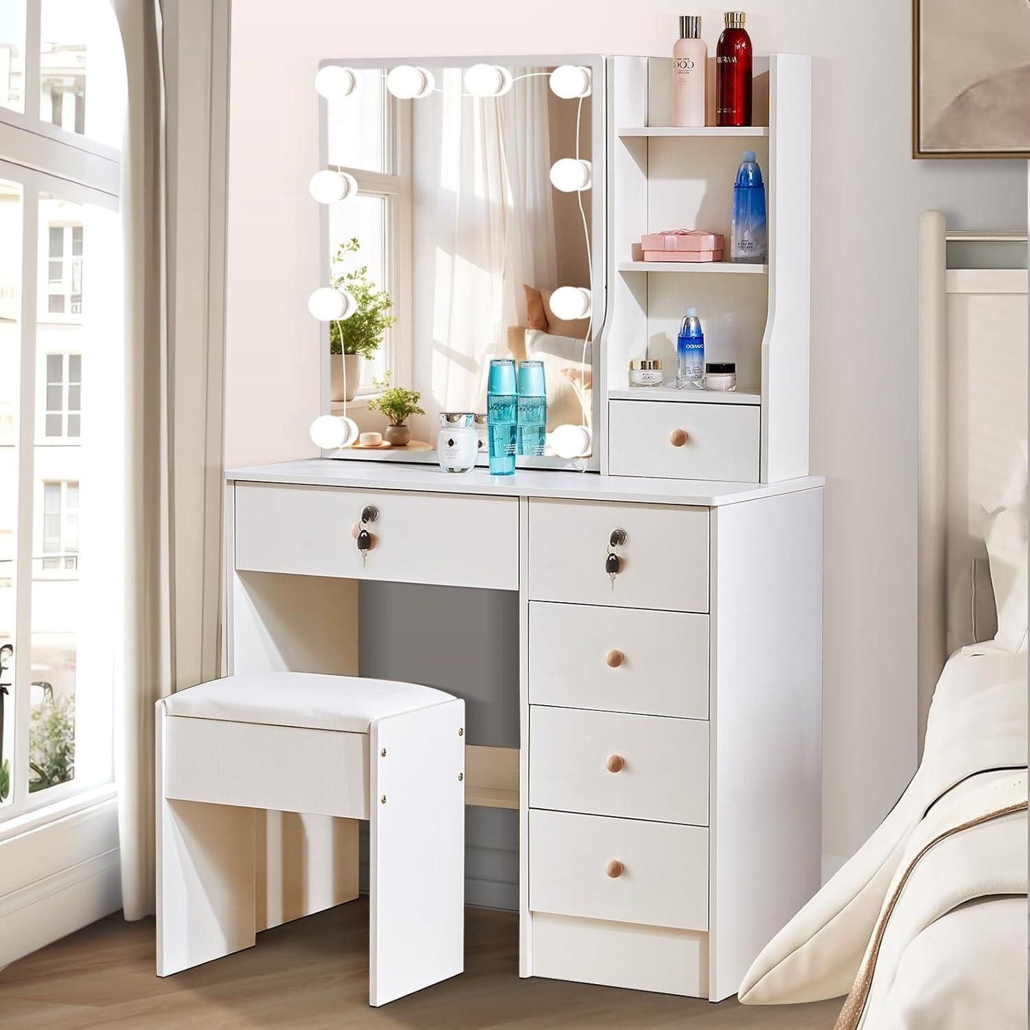Schminktisch Schminktisch mit LED-Beleuchtung, Spiegel, Hocker, 6 Schubladen, 3