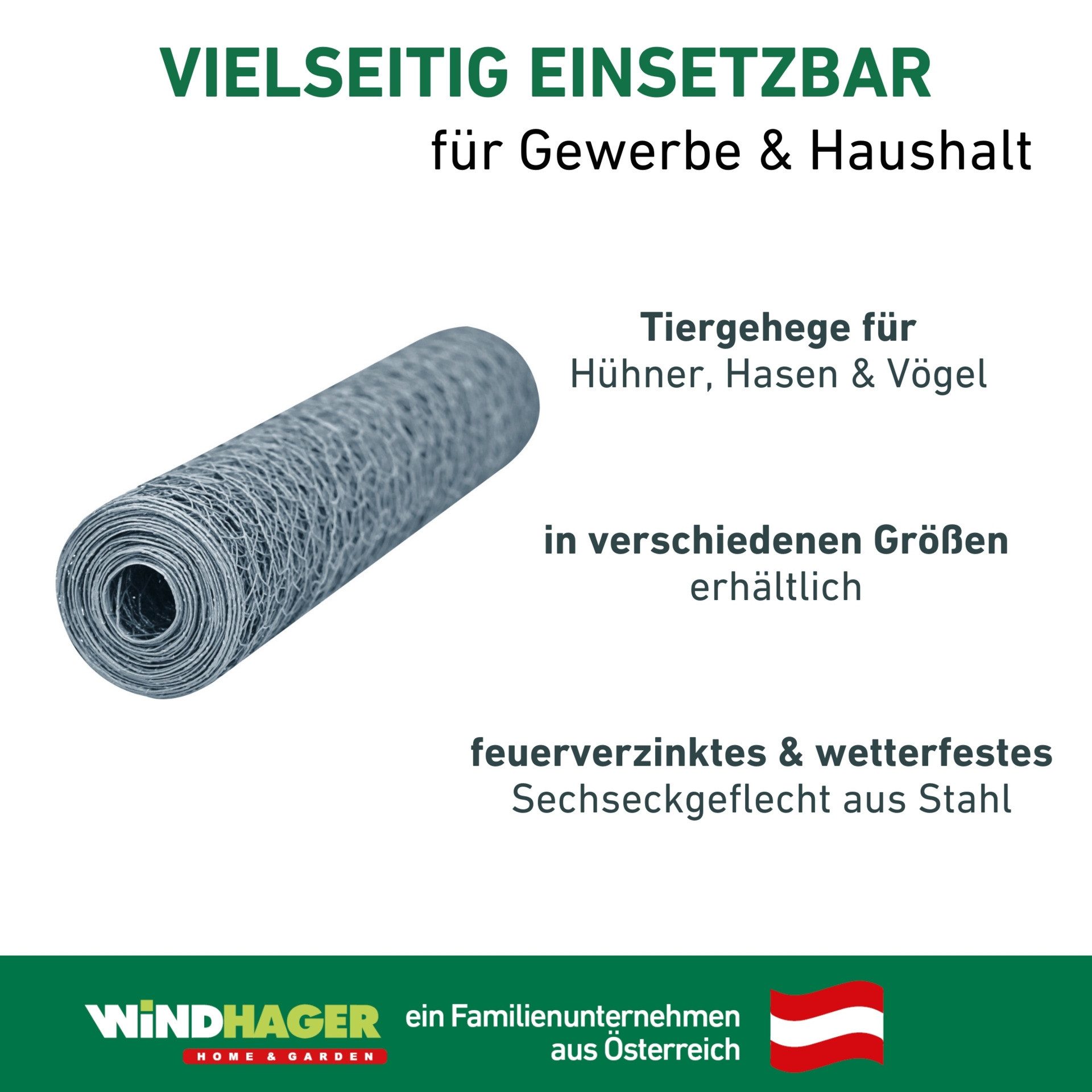 Windhager Voliere für Hasen, Hühner und Vögel, Kleintiergeflecht verzinkt, Sechseck-Geflecht, Gittergröße 1 x 10 m oder 0,5 x 10 m