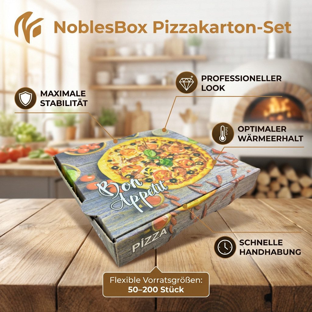 NoblesBox Karton Pizzakarton Set - Lieferdienst Verpackung - Stabil & Sicher 50-200 Stk, Stabile, Kraft, Pizza Box, Pizzeria