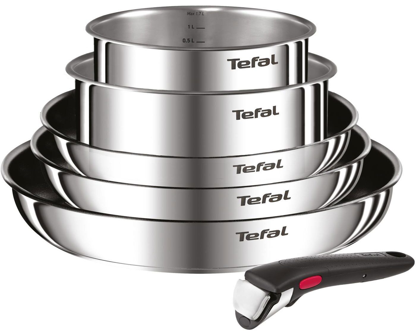 Tefal Topf-Set Tefal Cook Eat Ingenio Topf Geschirr-Set 6-tlg Edelstahl, Edelstahl (2x Töpfe, 3x Pfannen, 1x Griff, 6-tlg., aus Stieltopf 16 und 18cm, Bratpfanne 22, 24 und 28cm, Griff), Kasserolle, Klassische Pfanne,Induktion,Antihaft