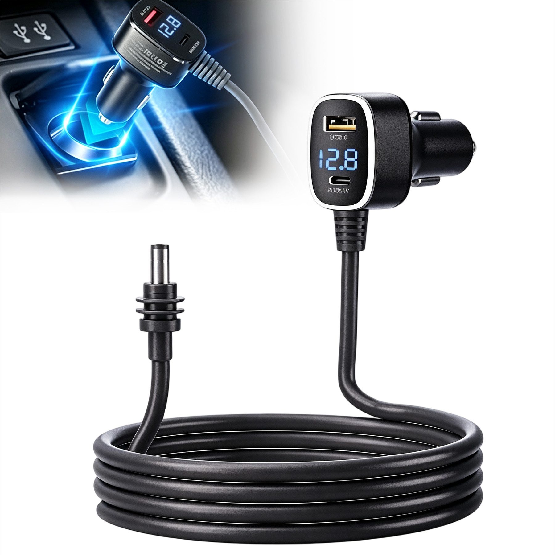 Senmudi Zigarettenanzünder-Verteiler 3 in 1 Zigarettenanzünder USB C Provides 60W Auto Ladegerät (3M Langkabel & Digitaler Spannungsanzeige, IP65 wasserdicht, USB Adapter KFZ Ladegerät USB C Zigarettenanzünder Kompatibel), Adapter Kfz 12V-24V für iPhone, Samsung Galaxy, Google Pixel, Tablets