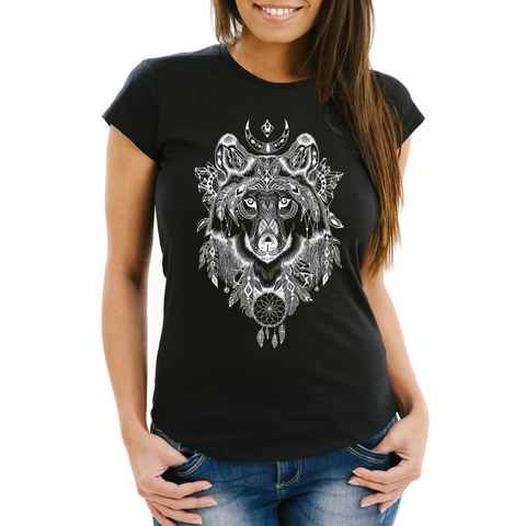 Neverless Print-Shirt Damen T-Shirt Wolf Traumfänger Atzekenmuster Boho Atzec Ethno Neverless® mit Print