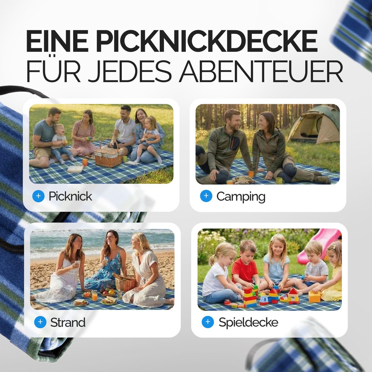Picknickdecke, Detex, XXL 200x200 cm Wasserdicht Wärmeisoliert 4-6 Personen Karo/Blau