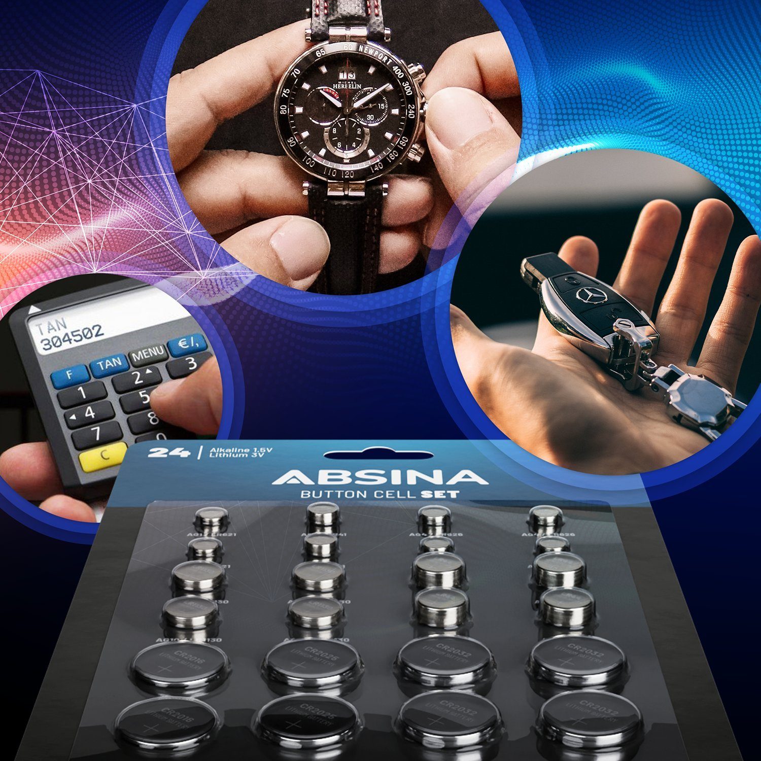 ABSINA 24er Pack Alkaline & Lithium Knopfzellen - 1,5V & 3V - Knopfbatterien Knopfzelle, (1 St)