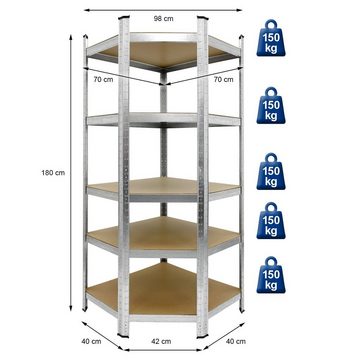 ECD Germany Regal Schwerlastregal Eckregal Lagerregal Steckregal, Verzinkt 180x70x40cm belastbar bis 750kg MDF-Platten