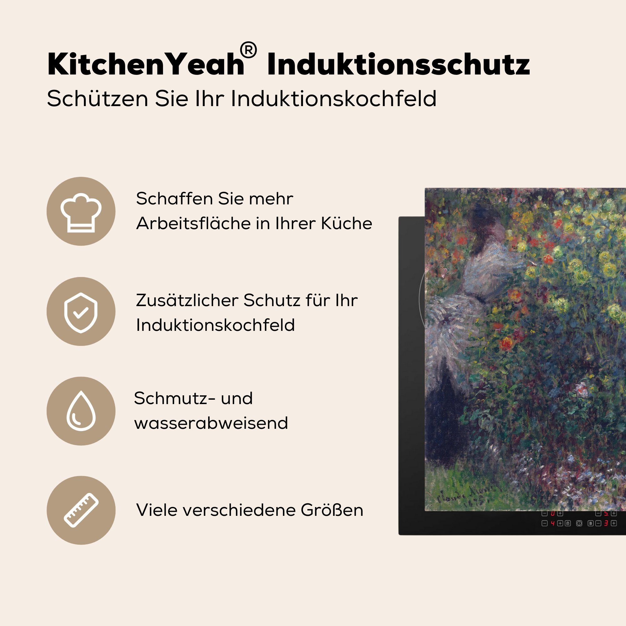 im Claude für Vinyl, Garten Mädchen küche Arbeitsplatte cm, Herdblende-/Abdeckplatte Ceranfeldabdeckung, (1 MuchoWow - Monet, 78x78 tlg),