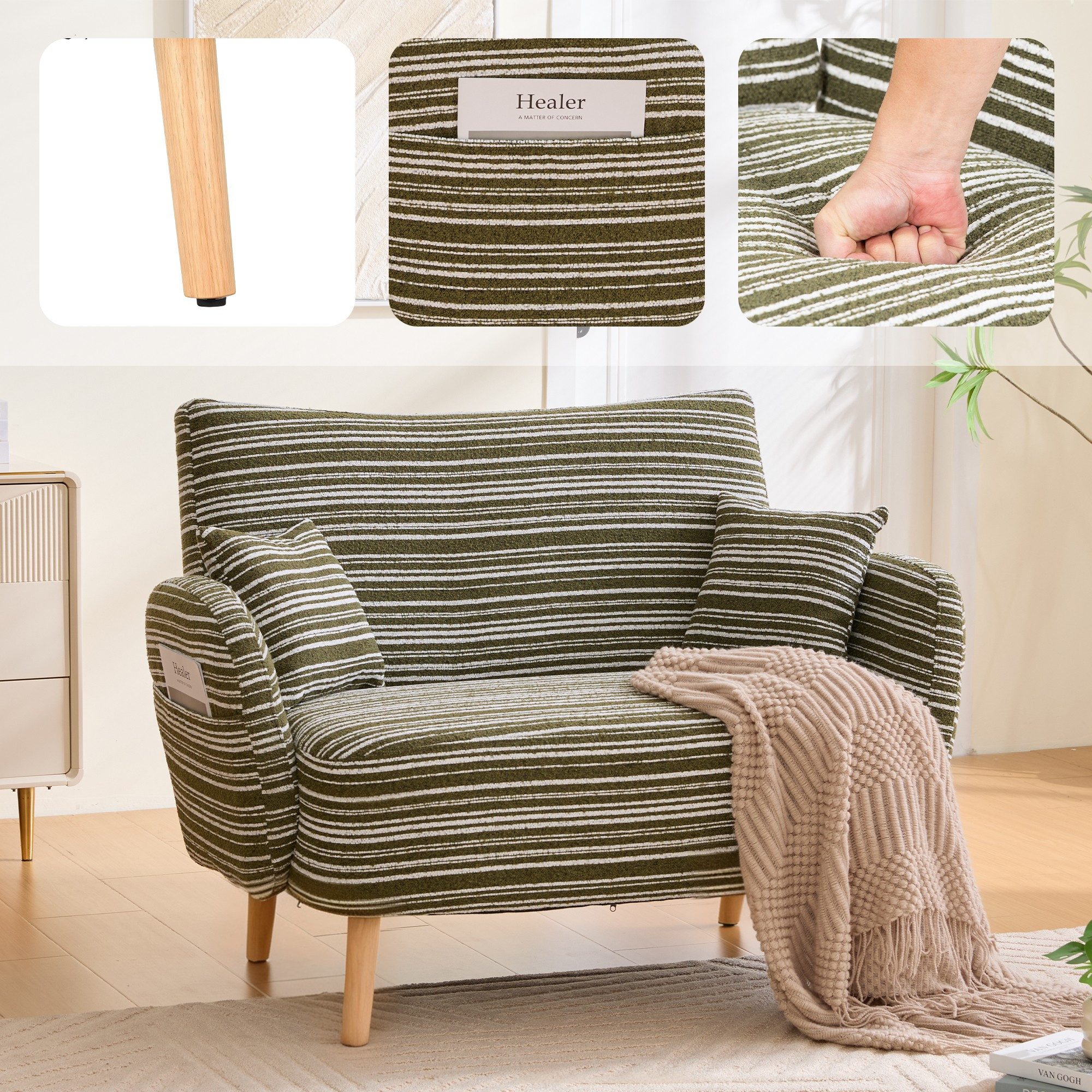 BlingBin Sessel Loungesessel Einzelsessel, Polstersessel mit Holzbeinen & Seitentasche (Fernsehsessel, 1-St., mit superbequemen Armlehnen, Armlehnenkissen und Aufbewahrungstasche), Zweisitzer-Sofa,komfortables modernes Sofa für kleine Räume, Wohnungen
