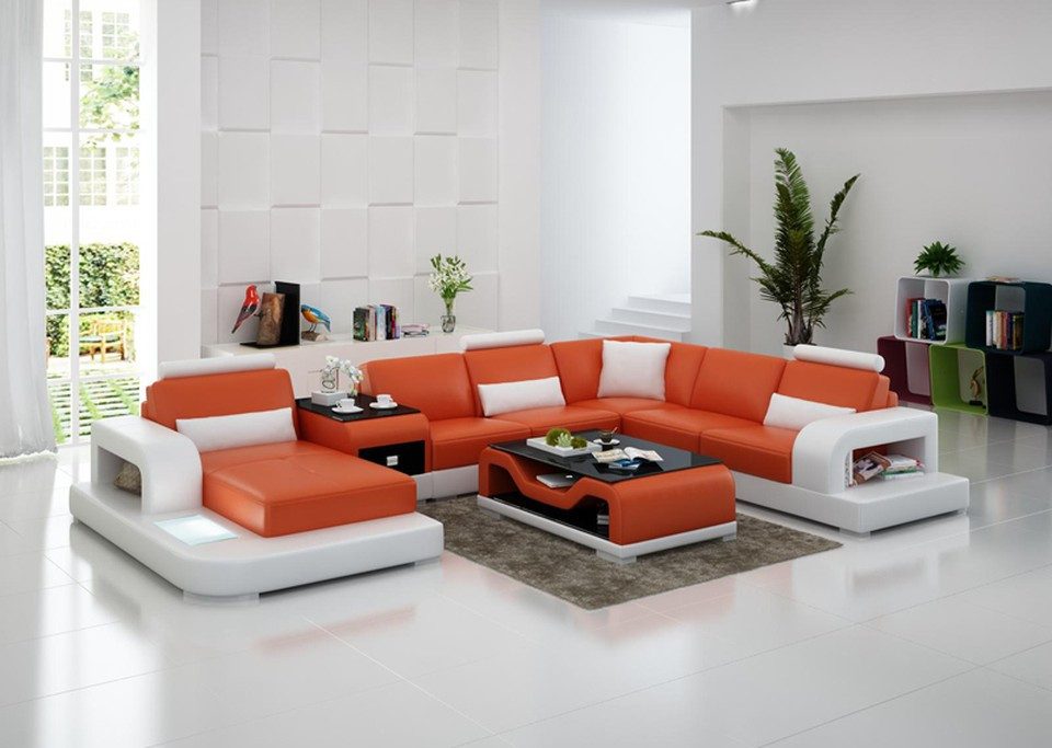 Xlmoebel Wohnlandschaft XLMOEBEL G8007 Ledersofa in Weiß mit Bettfunktion, Wohnlandschaft 4 Teile, Made in Europa