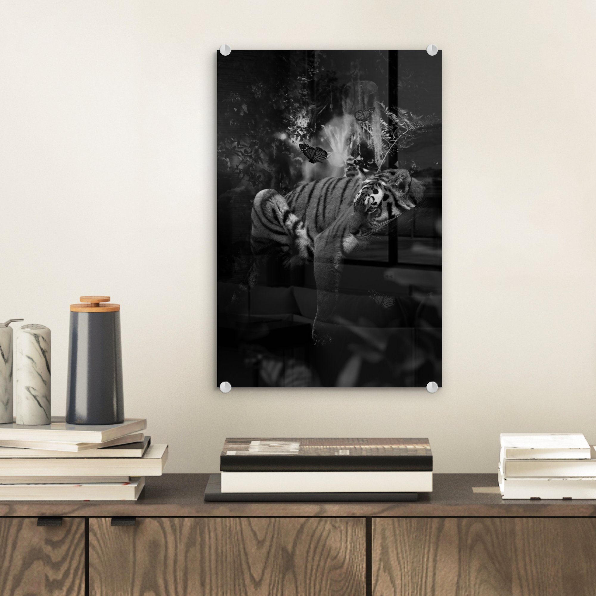 MuchoWow Acrylglasbild Tiger St), weiß, Wandbild Glas auf Wanddekoration - und Bilder Dschungel - schwarz Foto - und auf Glasbilder (1 Glas - im bunt Schmetterlinge