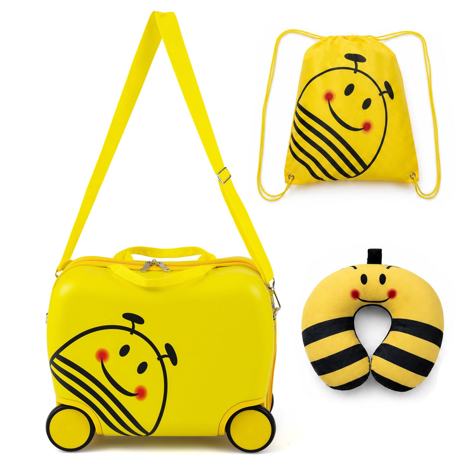 COSTWAY Kinderkoffer 3-teiliges Kindertrolley Set mit Rucksack, Nackenkissen
