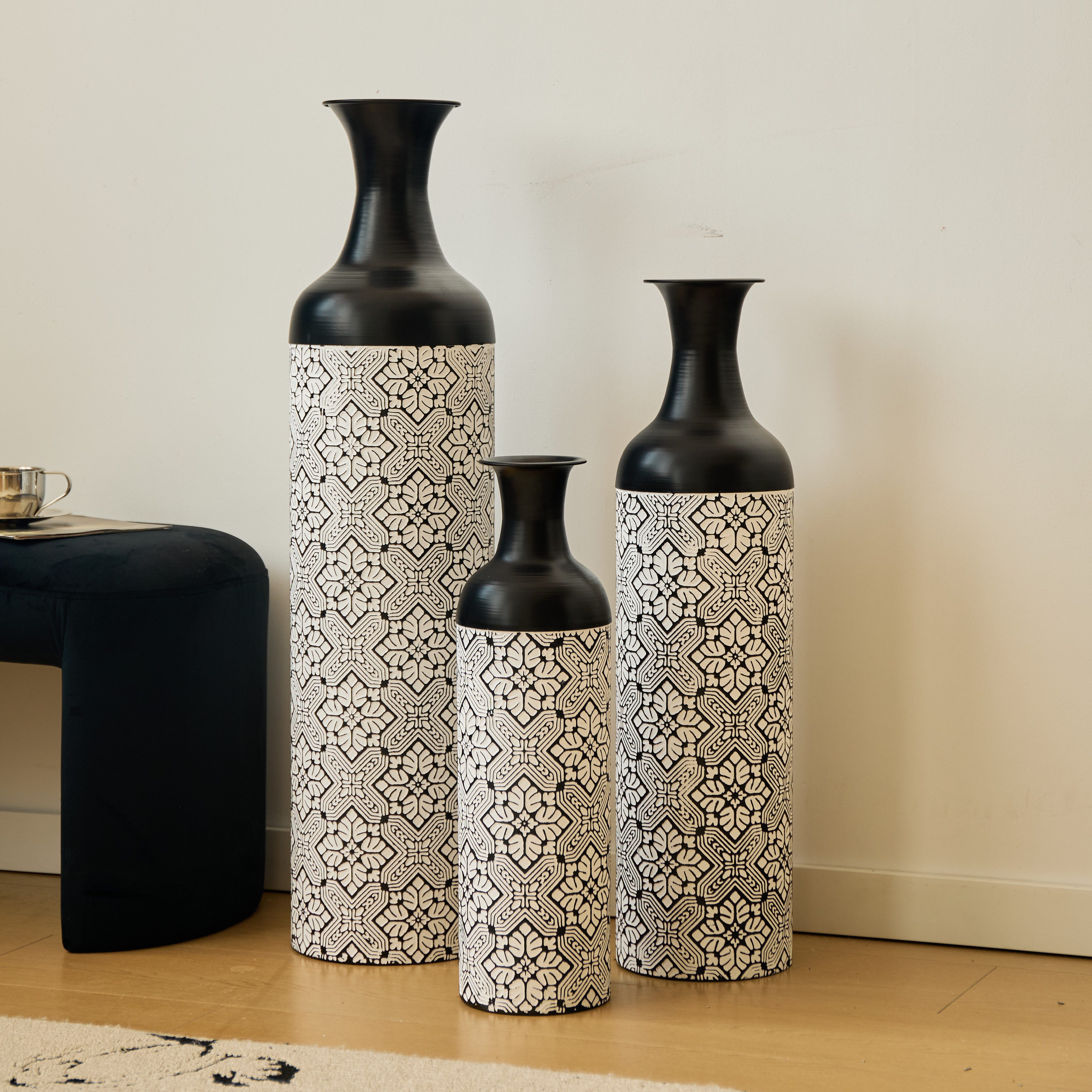HAUSS SPOLE Bodenvase 3-tlg Dekovasen geometrischem Muster,Standvasen stapelbar,Schwarz Weiß (Geeignet für Wohnzimmer, Flure und Hotels)
