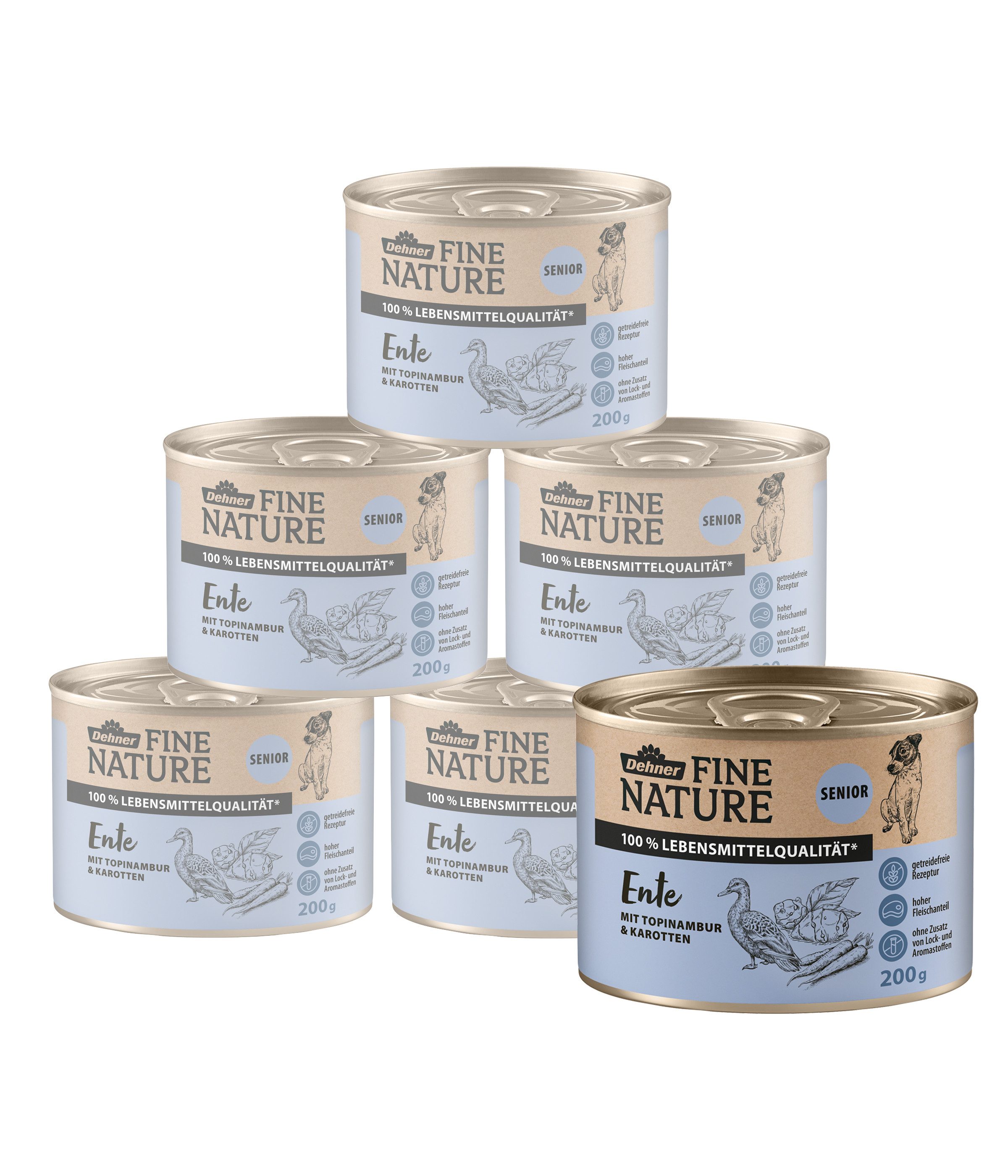 Dehner Fine Nature Senior Ente / Topinambur / Karotten, 6 x Dose Ente, Nassfutter für: Hunde, Nassfutter für ältere Hunde, Lebensmittelqualität