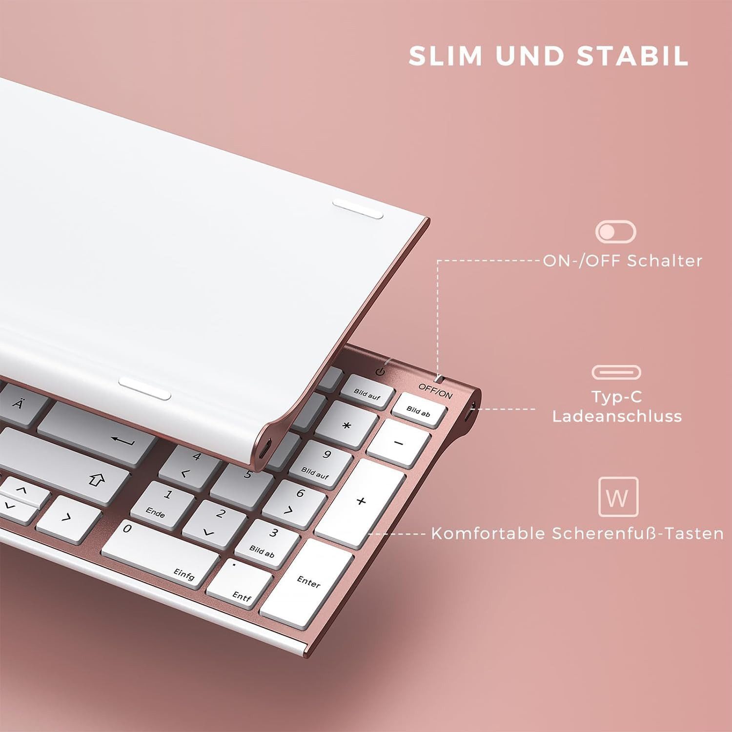 Seenda WGJP-031B Tastatur Maus Set Kabellos Wiederaufladbare Aluminium Tastatur- und Maus-Set, (für PC/Laptop/Smart TV, 1200 DPI), Ultradünne und Leise Funktastatur mit Maus