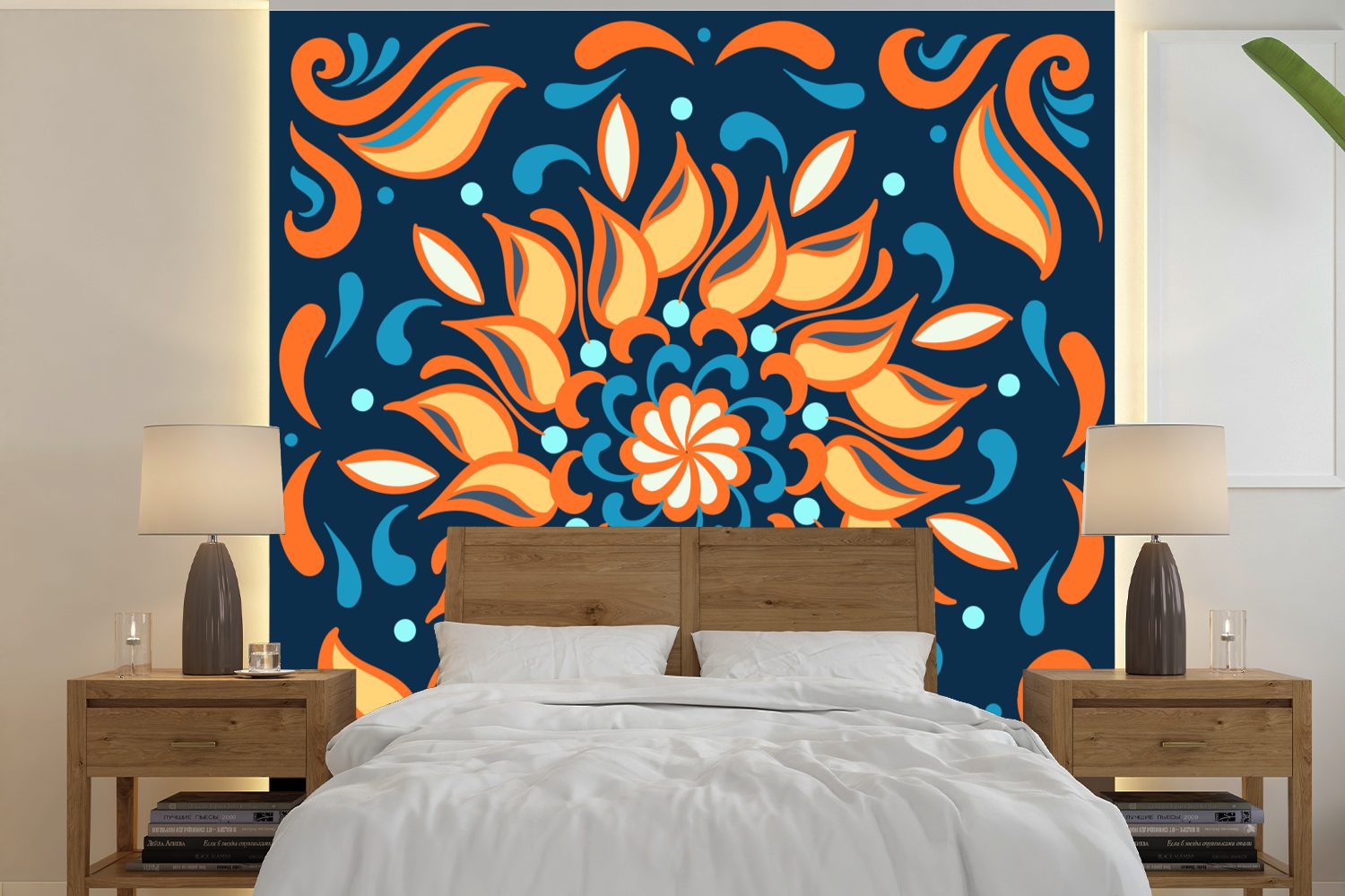 Matt, - Tapete - MuchoWow Schlafzimmer, Blau, Blätter (5 Orange oder Wandtapete Vinyl - für Sonnenblumen Wohnzimmer Fototapete St), bedruckt,