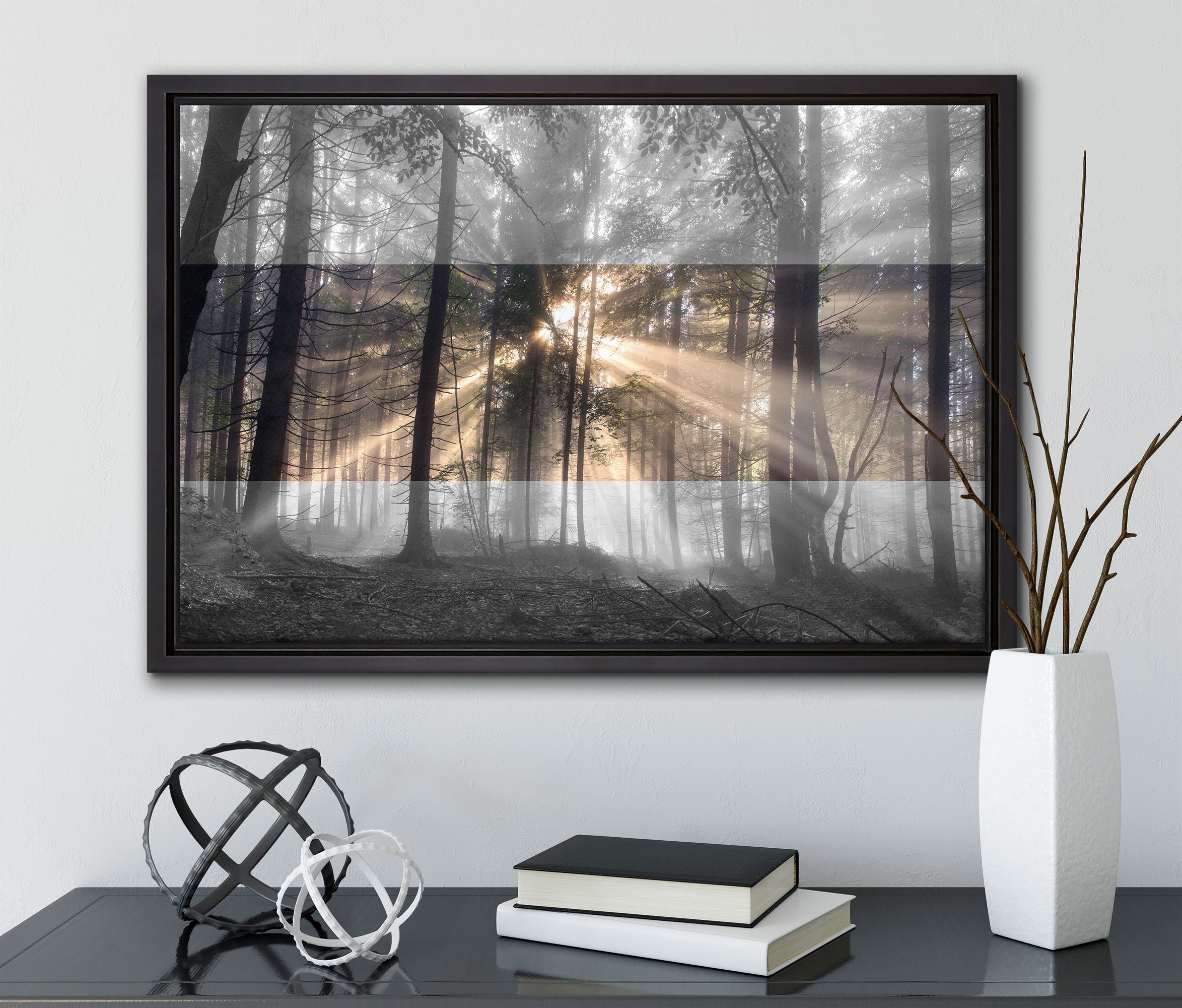 gefasst, fertig einem Herbstwald St), Pixxprint bespannt, Leinwandbild im Schattenfugen-Bilderrahmen Wanddekoration in Nebel, Zackenaufhänger Leinwandbild (1 inkl.