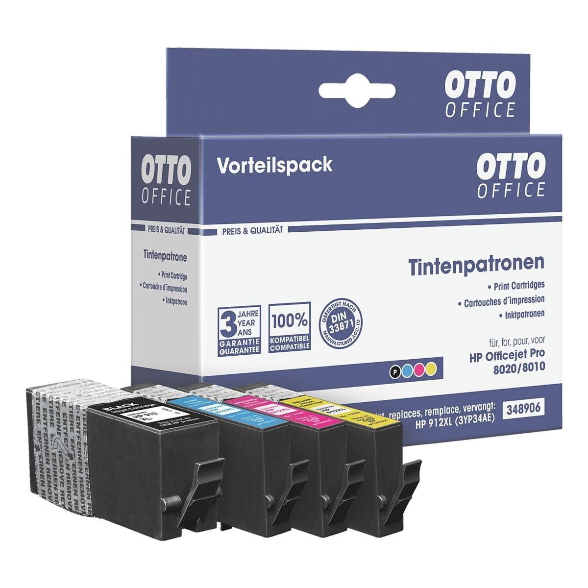Otto Office  Office 3YP34AE Tintenpatrone (4-tlg., ersetzt HP 3YP34AE; Nr. 912XL BKCMY, schwarz / blau / magenta / gelb)