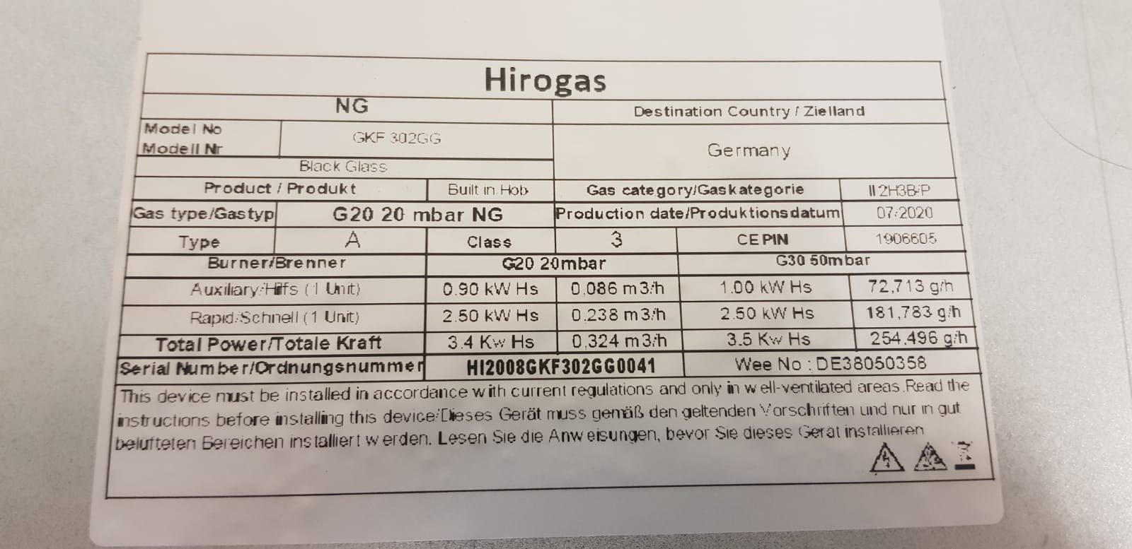 2flammig, 50mbar breit, Gas-Kochfeld GKF autark Zündung Hirogas Propangas Erdgas 302GG, mit 30cm Zündsicherung, und / elektrische 20mbar