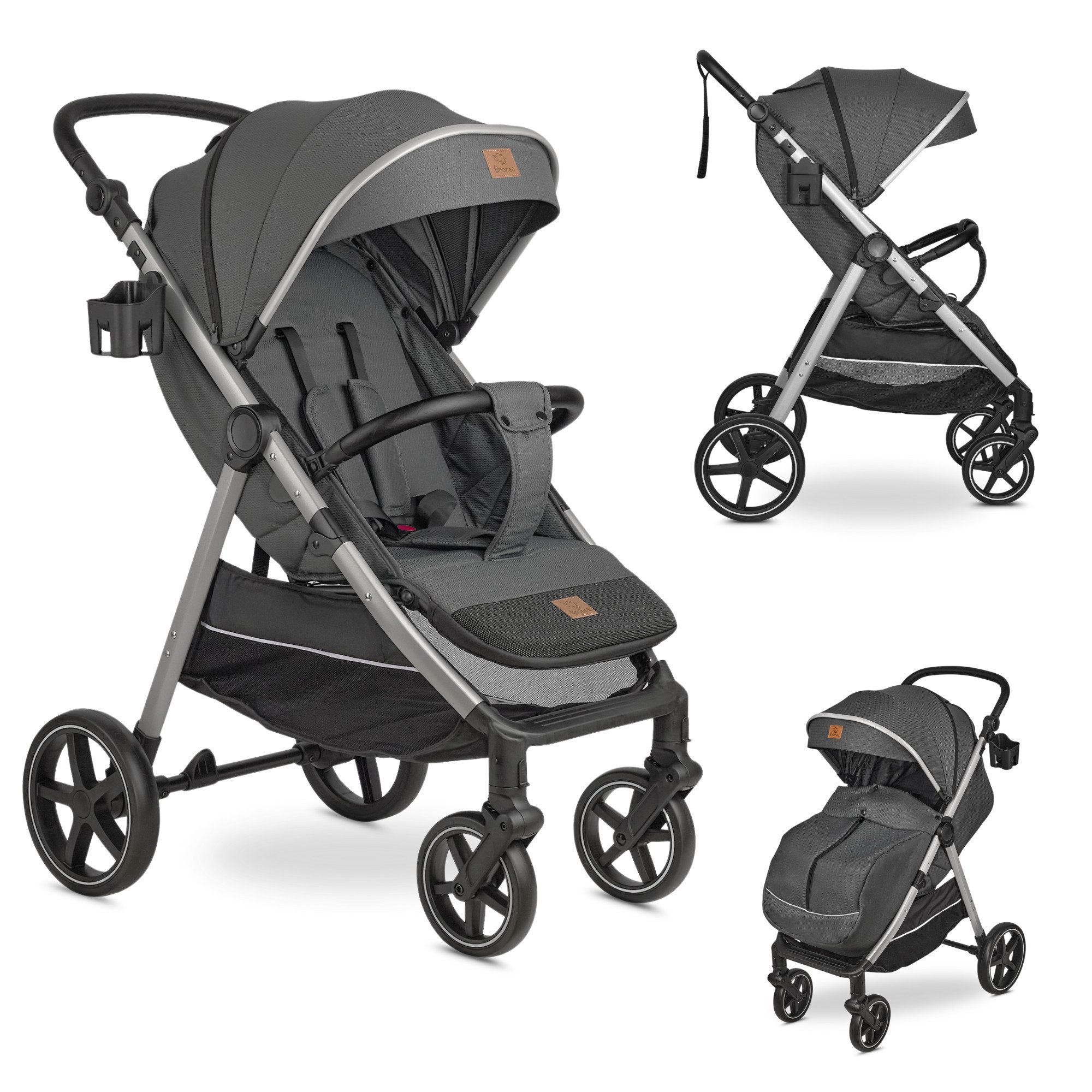 Bronea Kinder-Buggy MAXIME 2.0 Reisebuggy MIT LIEGEFUNKTION Kinderbuggy klappbar bis 22kg, (Edle Materialien, Wendige Räder, Leichter Buggy), Verdeck abnehmbar, Großer Korb, Getränkehalter - Anthrazit/Silber