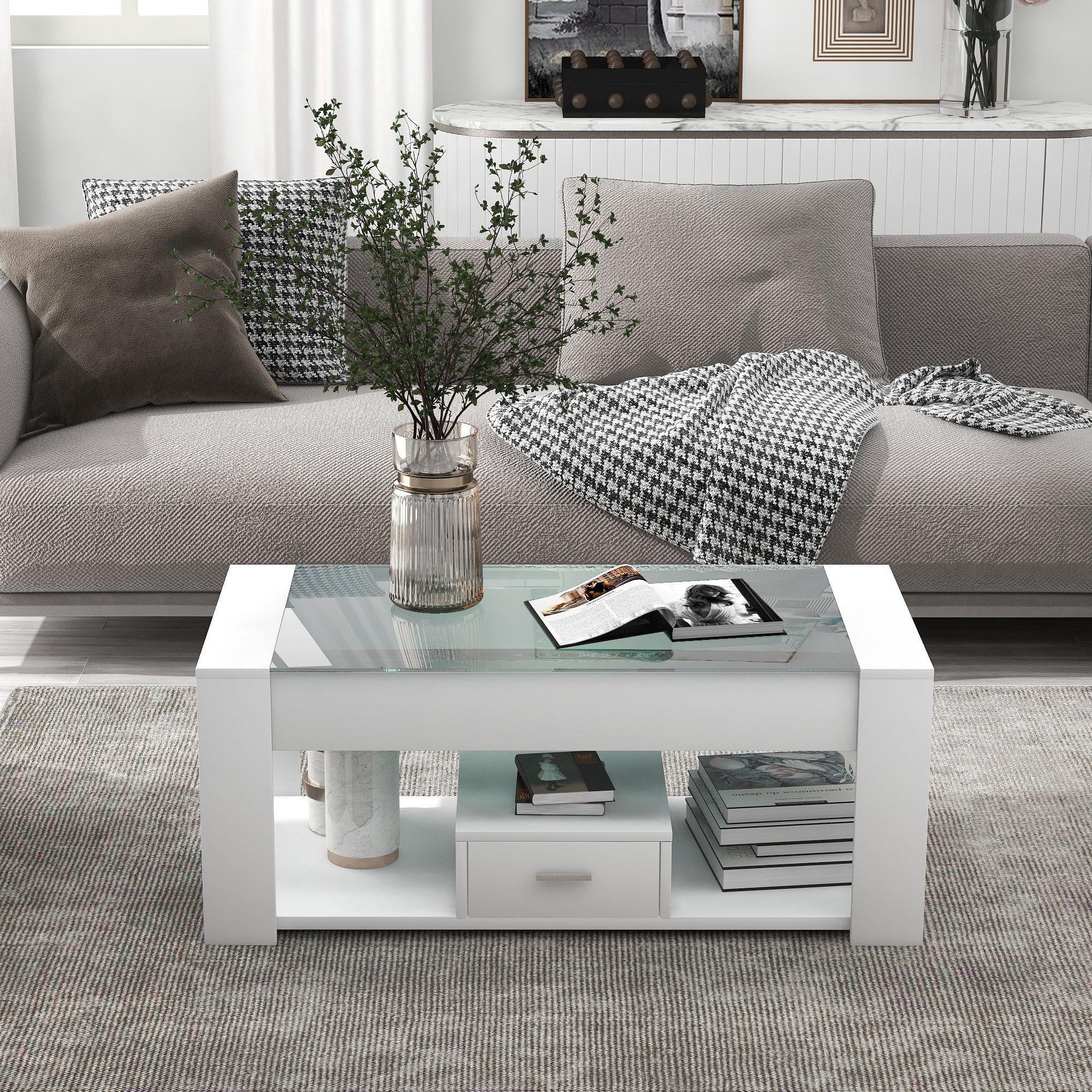 Couchtisch, mit Schublade und Ablageboden, Tischplatte aus Glas, 100 x 50 x 40cm