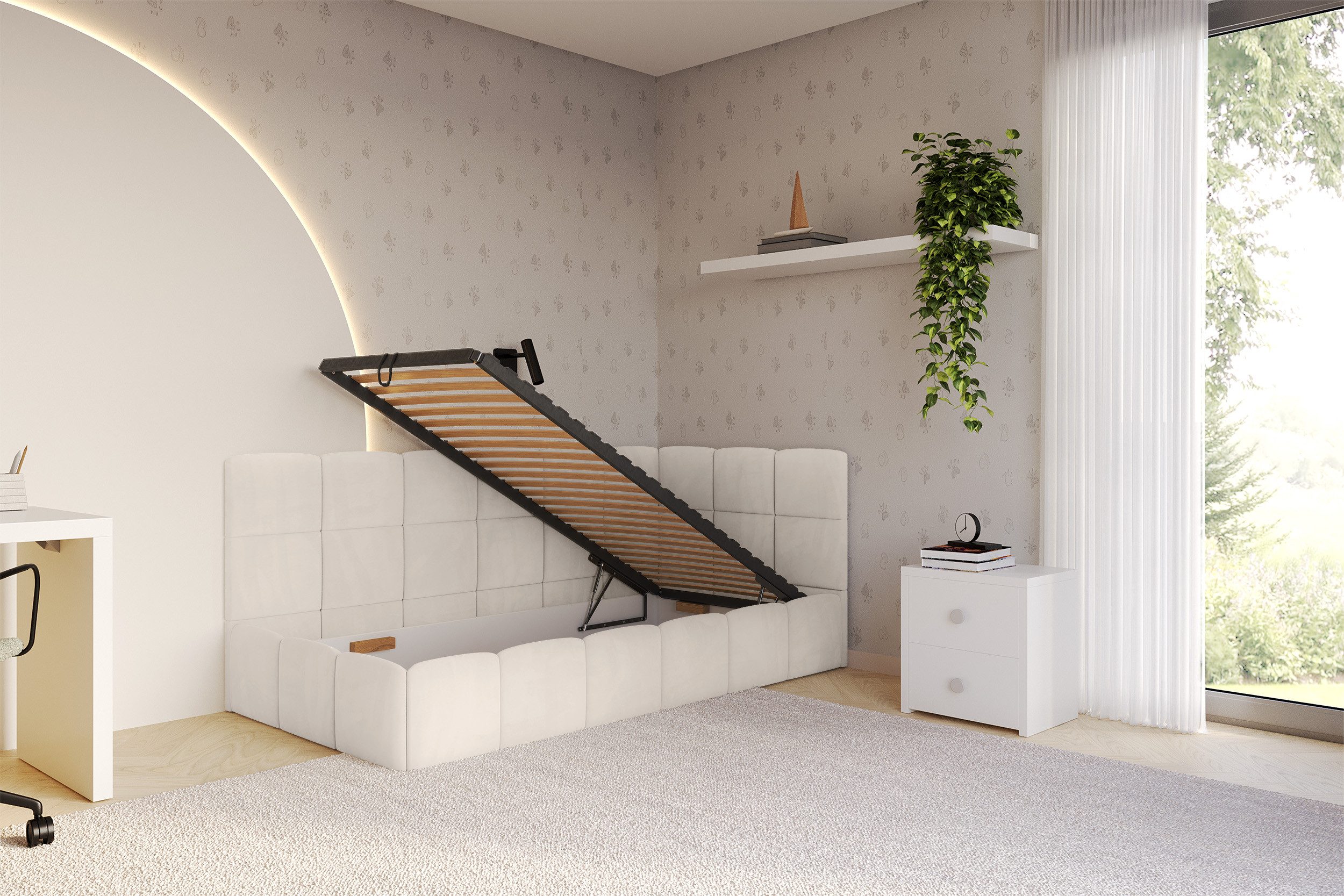 ALTDECOR Jugendbett LIVY (Jugendbett mit Bettkasten und Lattenrost, Polsterbett ohne Matratze), Einzelbett mit Stauraum, Bett mit Kopfteil