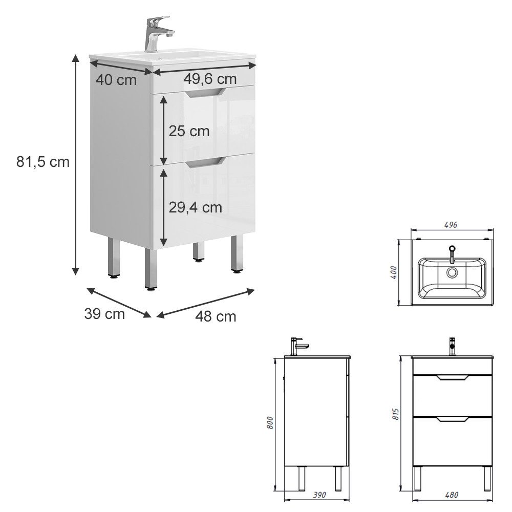 Vicco Badmöbel-Set Clayton, Weiß Hochglanz, 2 Teile, mit Waschbecken und 2 Schubladen, (2-St., 2er Set)