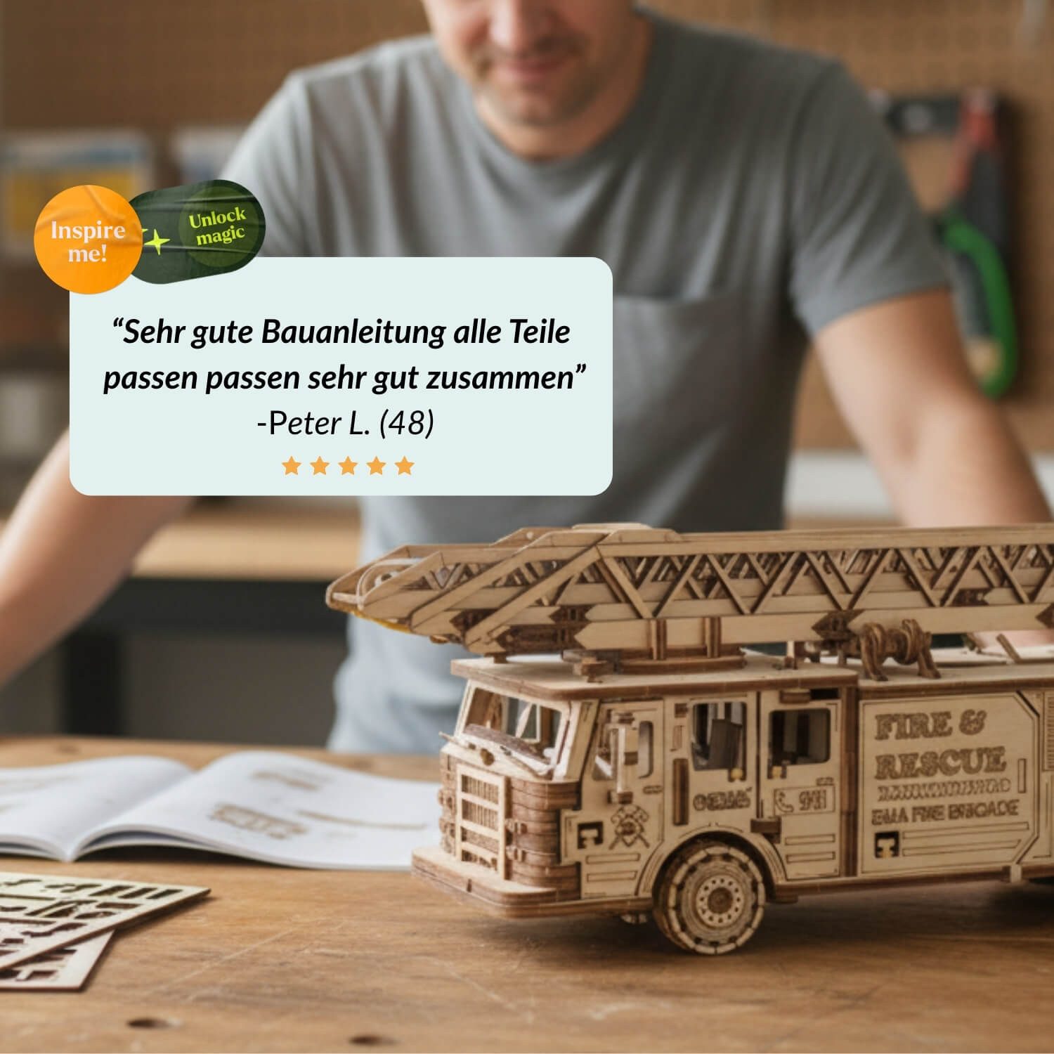 Eco Wood Art Modellbausatz Mechanischer LKW Feuerwehrauto aus Holz, (439-tlg)