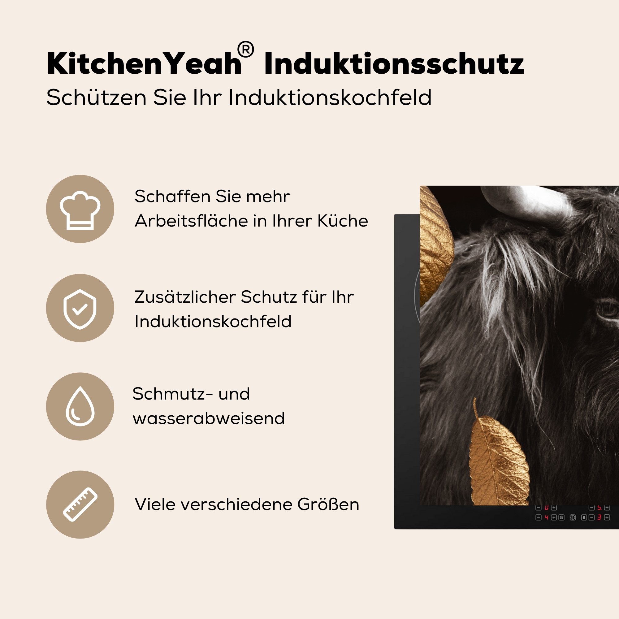 Herdblende-/Abdeckplatte cm, Highlander MuchoWow Vinyl, (1 küche, Blätter, tlg), die für Schottischer - Schutz - Gold Induktionskochfeld Ceranfeldabdeckung 81x52