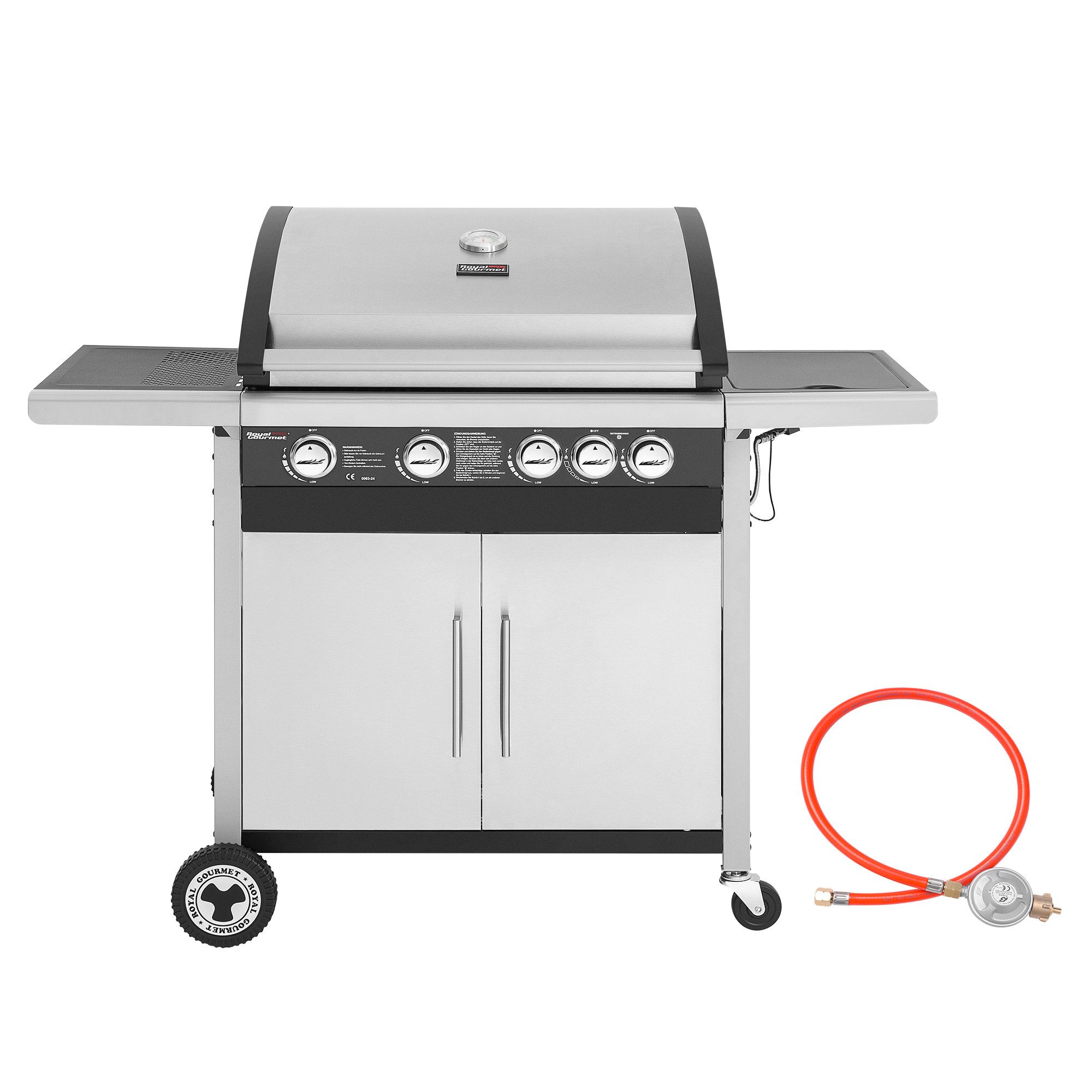 Royal Gourmet Gasgrill 4+1 Brenner Gasgrill Grillwagen mit Unterschrank, 133x109x55cm, Edelstahlbrenner mit 14,5 kW und automatischer Zündung