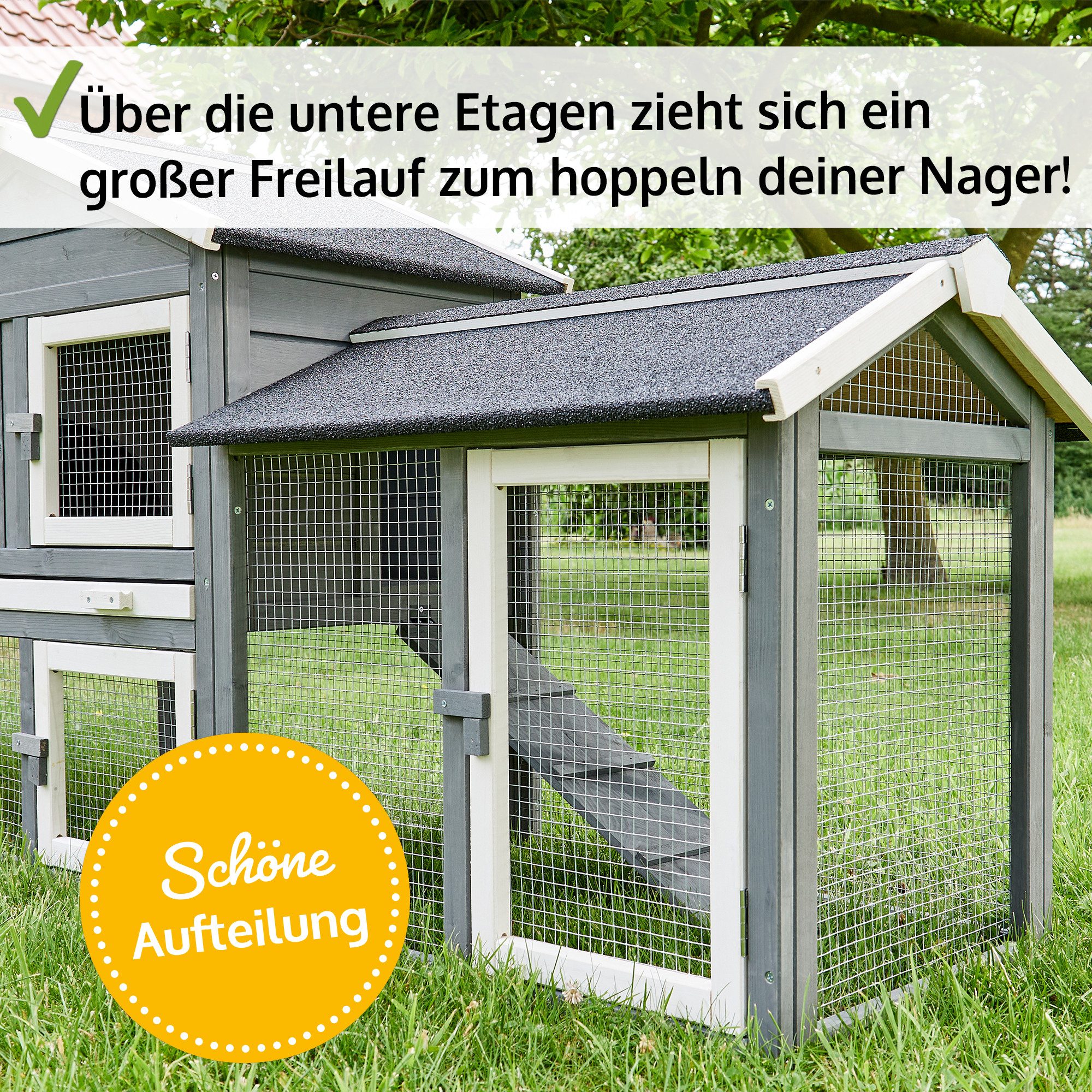 Zooprinz Kleintierstall Don Camillo mit Doppelauslauf 210x85,5x54 cm (BxHxT), Lasiertes Kiefernholz, Bitumendach