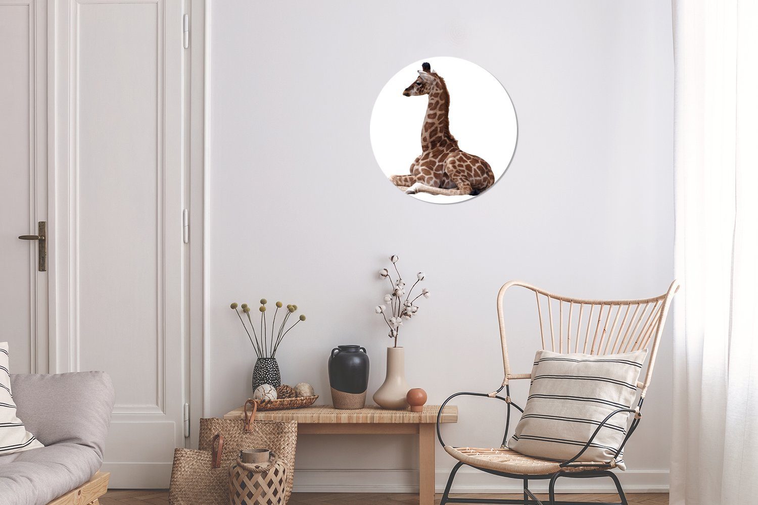 MuchoWow Rund, Wandsticker weißem Kinderzimmer, für Wohnzimmer Tapetenkreis St), Hintergrund Baby-Giraffe (1 auf Tapetenaufkleber,