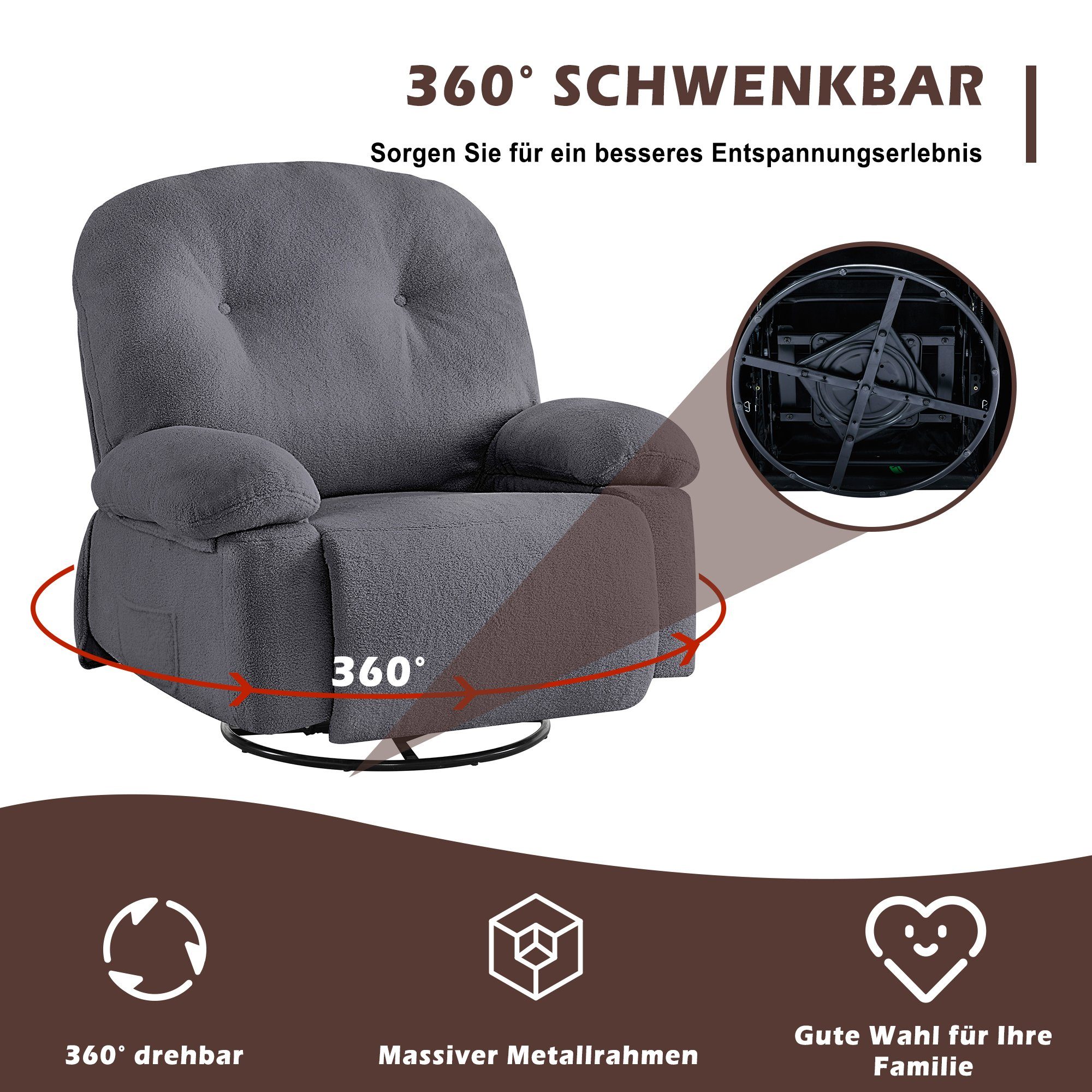 REDOM TV-Sessel Relaxsessel mit Timer mit (Wohnzimmersessel, Grau Fernbedienung und Drehfunktion Heimkino-Loungesesse), 360°