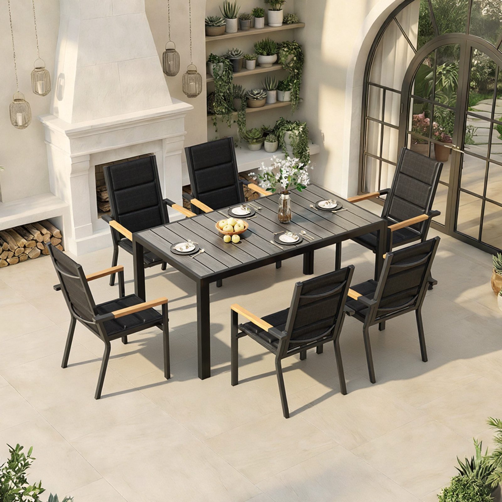 HOMALL Garten-Essgruppe 150/180cm Holzoptik Aluminiumtisch und Gartenstühle mit Holzarmlehnen, (7-tlg), Stapelbare Gartenstühle bis 160kg, rostfreier Aluminiumtisch bis 100kg