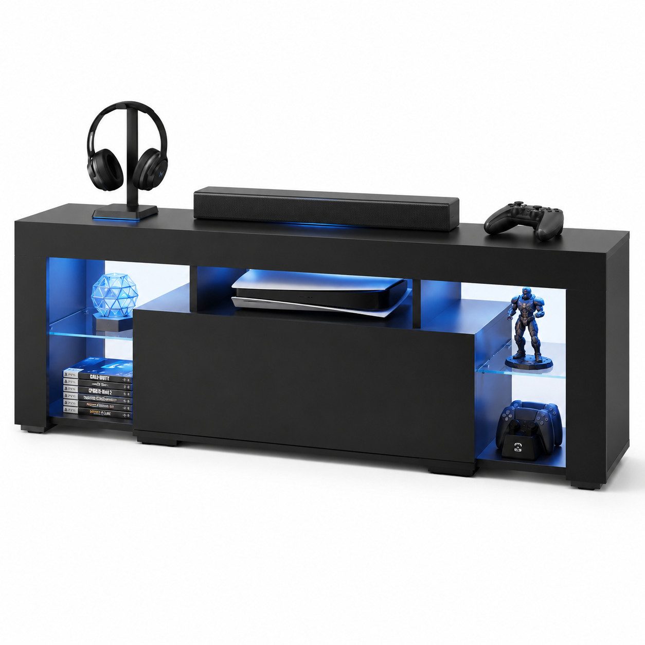 WLIVE Lowboard mit RGB-LED (20 Farben) Glasböden 135 x 45x 35cm (Fernsehtisch mit Schubladen für 50/55/60 Zoll Fernseher), Fernsehschrank für Wohnzimmer Schlafzimmer, Moderne TV Bank aus Holz