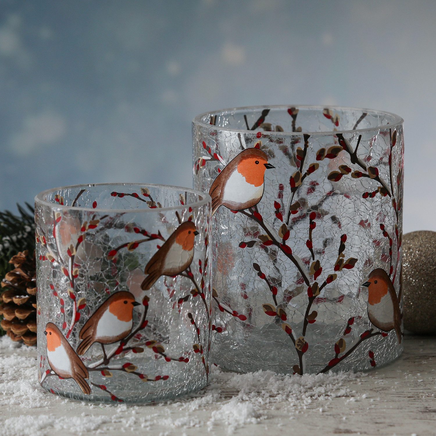 MARELIDA Windlicht Teelichthalter ROTKEHLCHEN Teelichtglas Bruchglas H: 13cm D: 11,5cm