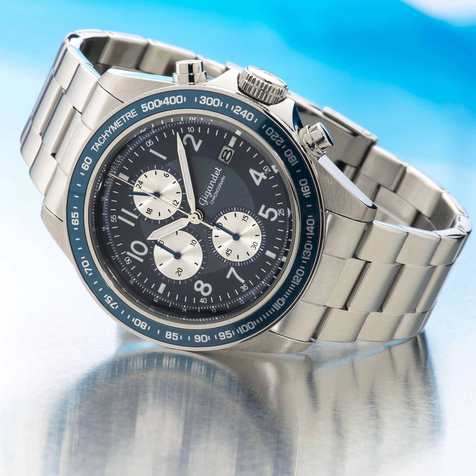 Gigandet Chronograph Herrenuhr, Armbanduhr, Sportuhr, 43mm, RACETRACK G24-004, Mineralglas, Datumsanzeige, Edelstahlband, 10bar/100m wasserdicht