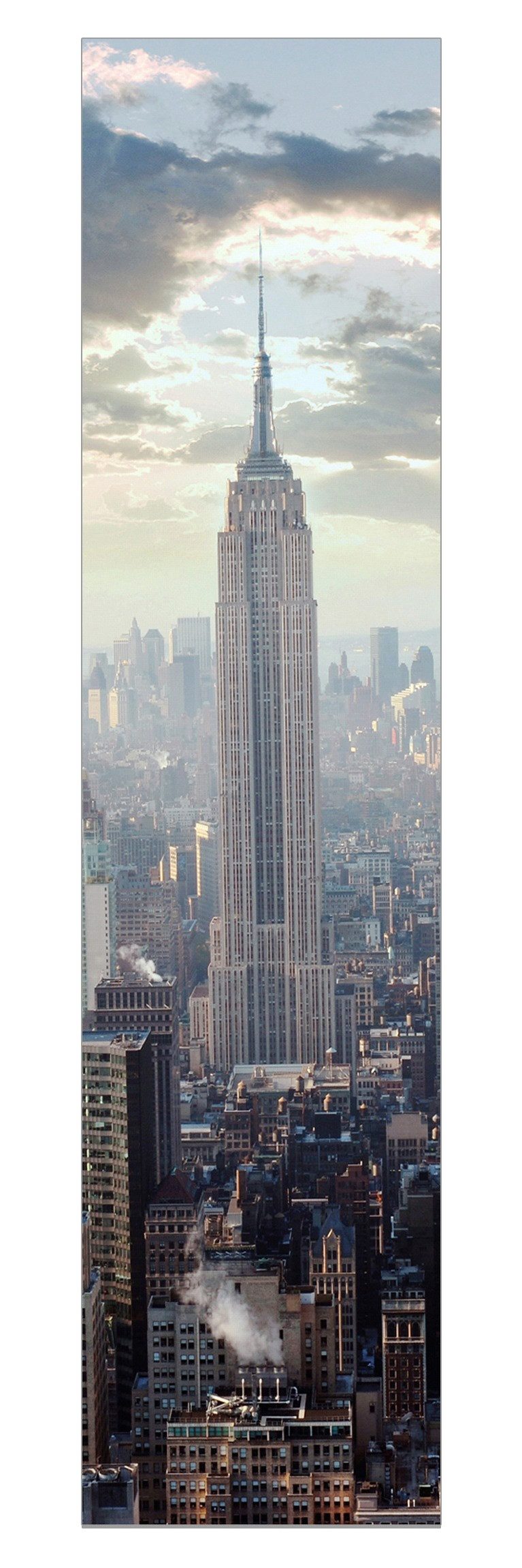 Bilderdepot24 Schiebegardine modern Flächenvorhang blickdicht Sonnenaufgang New York (1 St), halbtransparent, Wohnzimmer große Flächengardine lichtdurchlässig für Klemm-System