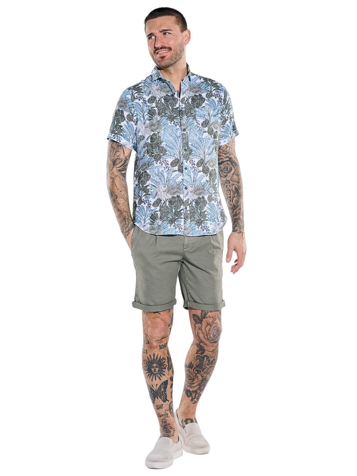 emilio adani Kurzarmhemd Herren Kurzarmhemd aus Baumwolle mit botanischem Print, Khaki