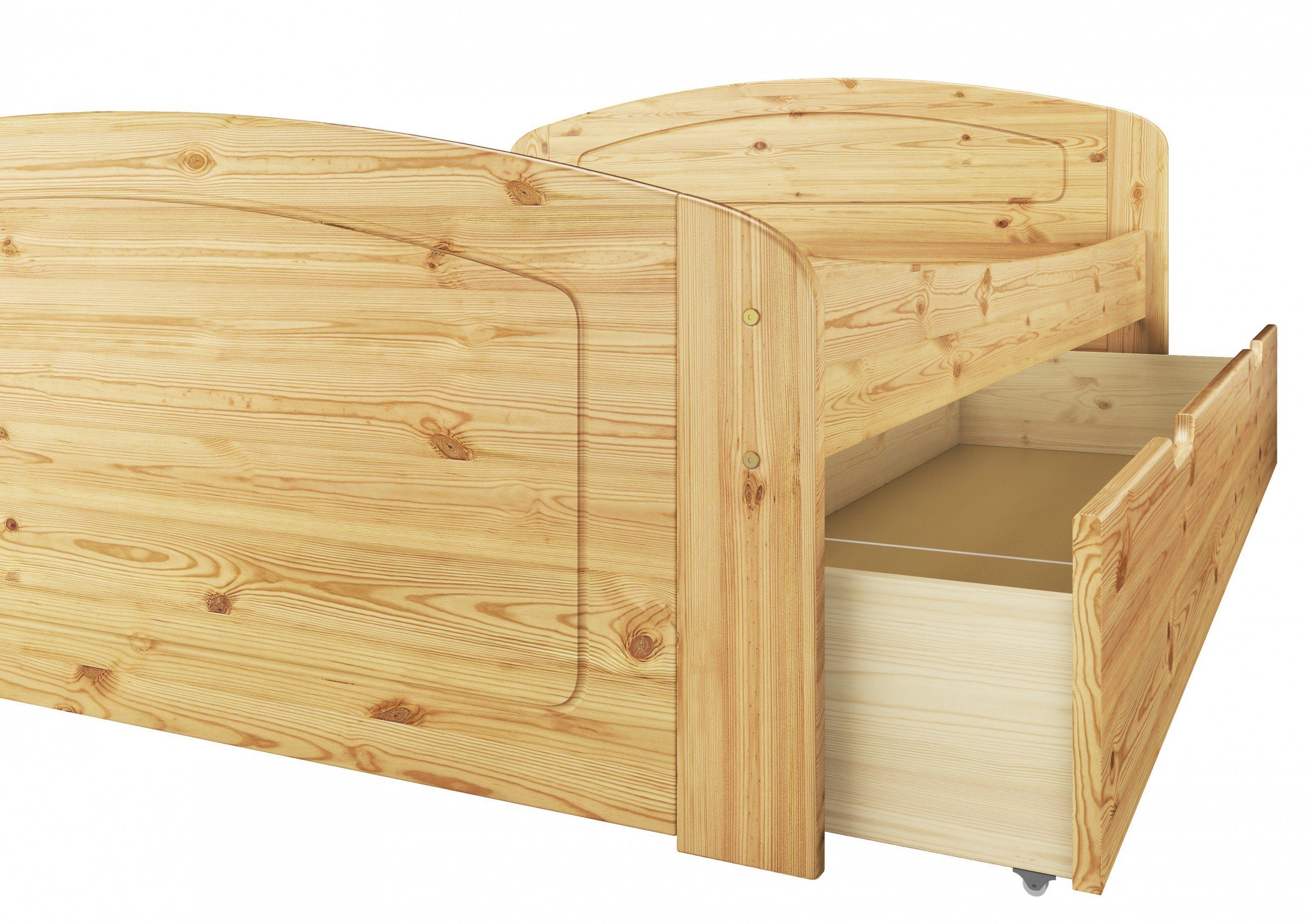 ERST-HOLZ Bett Doppelbett 180x200 Kiefer lackiert Kiefer Kieferfarblos Bettkasten mit 3 + Rollrost