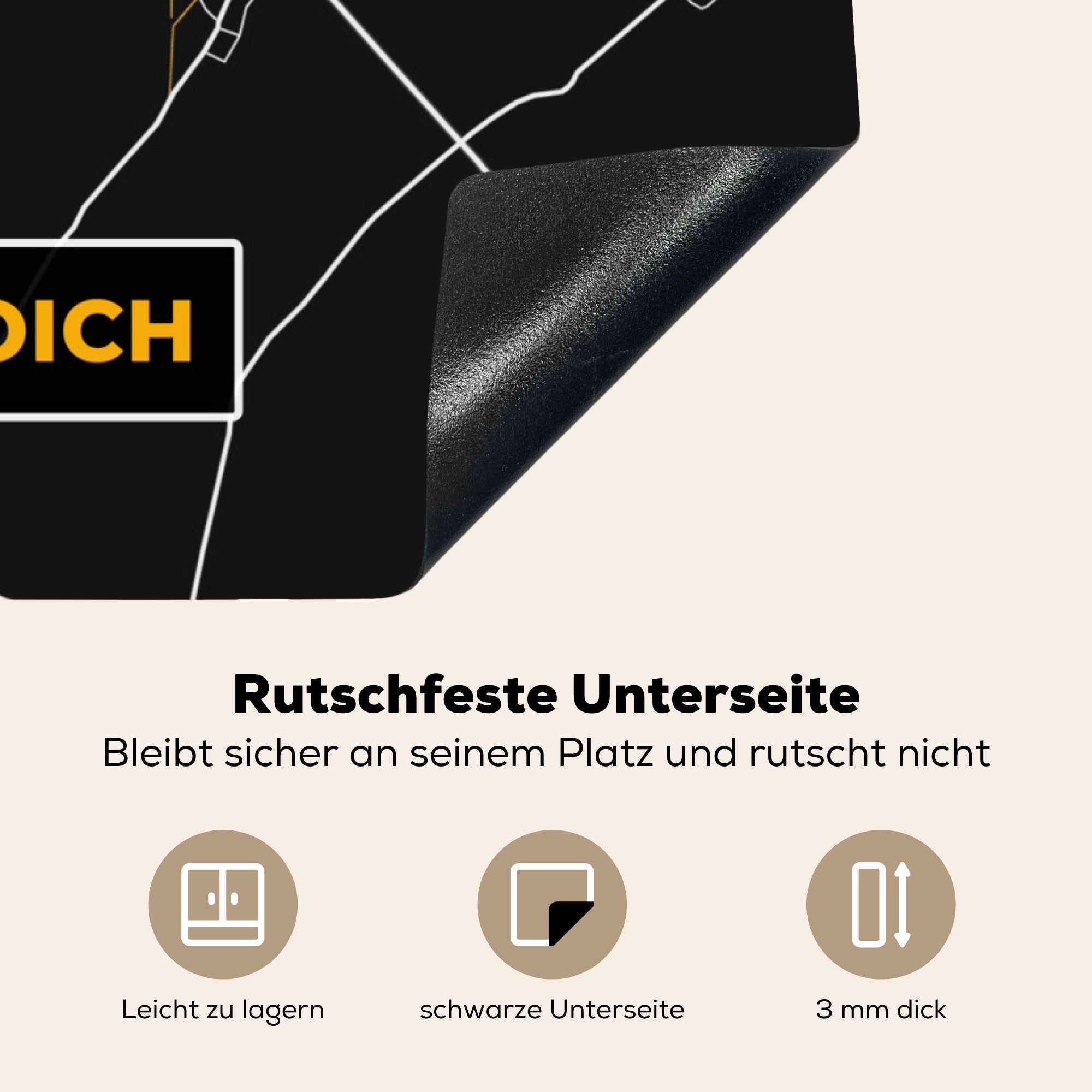 MuchoWow Karte, - (1 Schwarz Deutschland Ceranfeldabdeckung, Stadtplan Arbeitsplatte Grevenbroich Vinyl, küche 78x78 und - - Herdblende-/Abdeckplatte cm, - Gold für tlg),