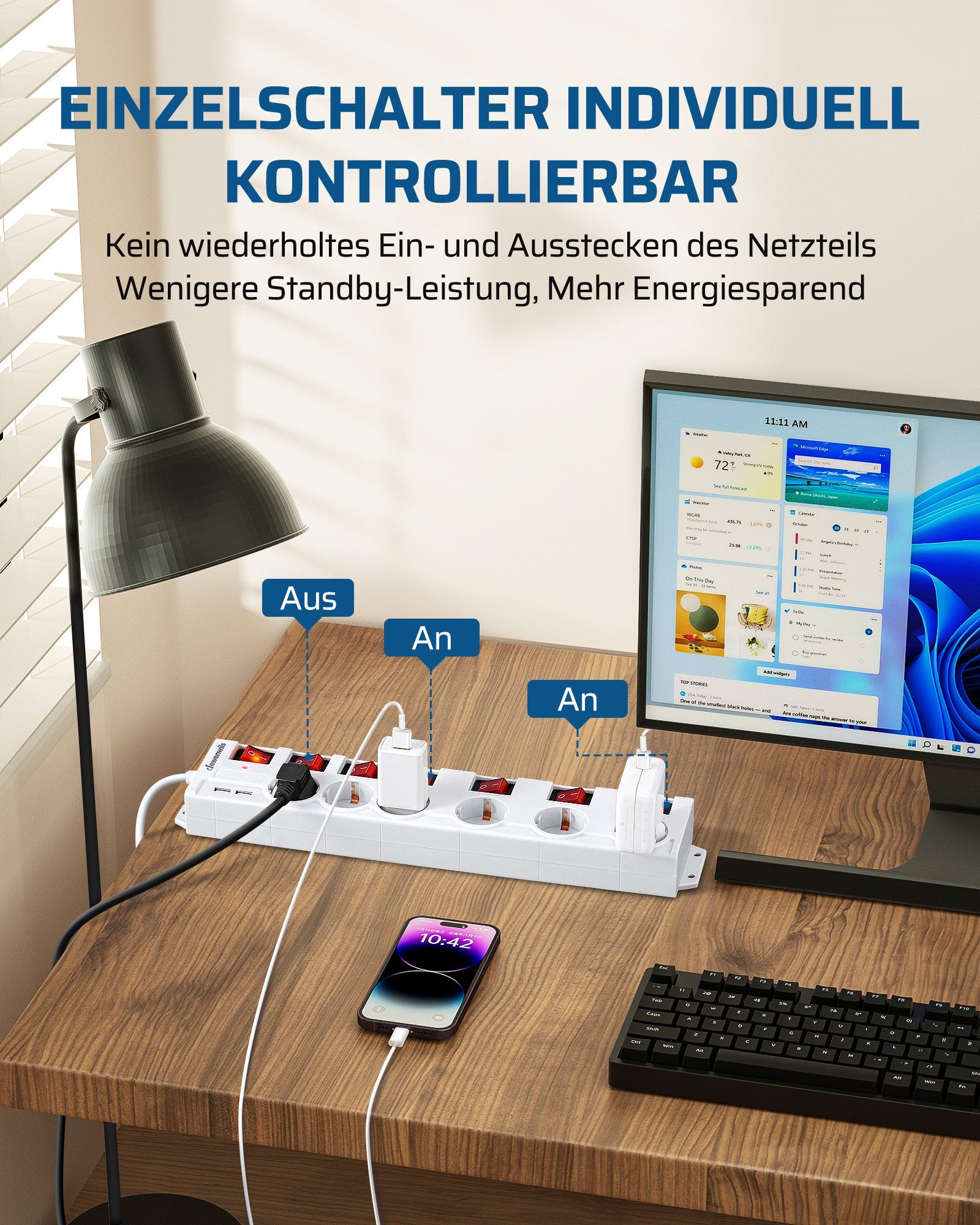 DEWENWILS Steckdosenleiste 6-fach (einzeln schaltbar, USB-Anschlüsse, Kindersicherung, Überspannungsschutz, Kabellänge 2 m), Mehrfachsteckdose mit USB, 16A/3680W