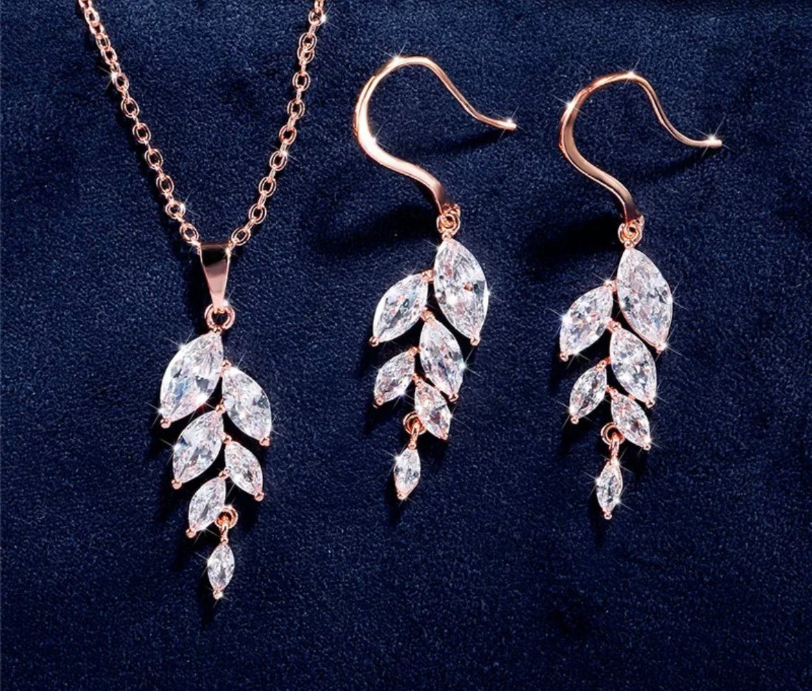 Brautkrone Zirkonia (Set, Halskette mit Geschenk Schmuck Damen Halskette Set Ohrringe Schmuckset Ohrringe, Anhänger), mit rosé