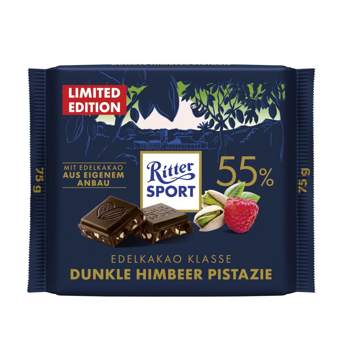 Ritter SPORT Schokolade, Ritter Sport Dunkle Himbeer Pistazie Edel Halbbitter Schokolade 75g