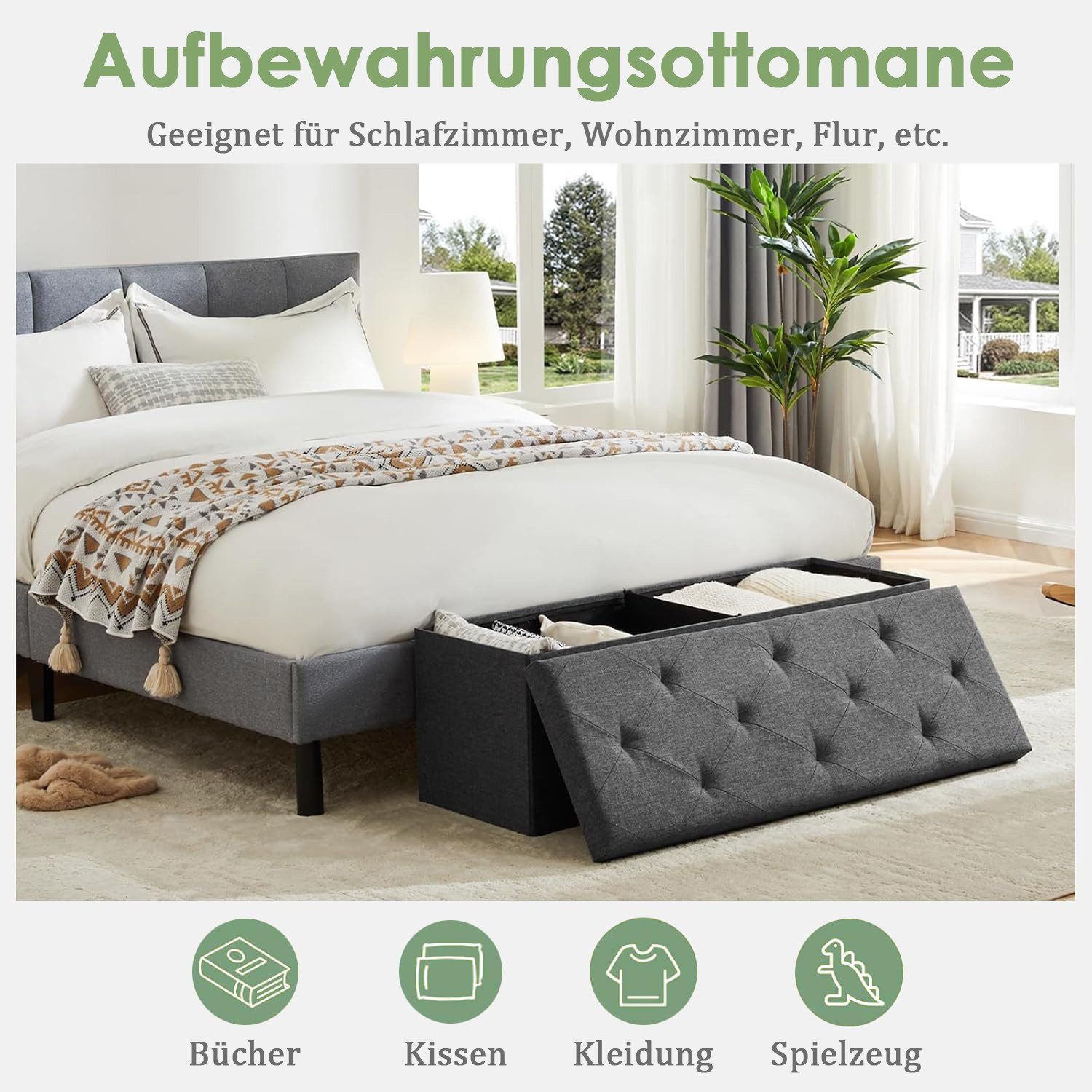 Refined Living Sitzbank Sitzhocker Sitzbank mit Stauraum 76/110 x 38 x 38 klappbare Sitztruhe (Aufbewahrungsbox Ottomane bis 290 kg Aus MDF-Platte und Leinensto – Bild 4 von 5
